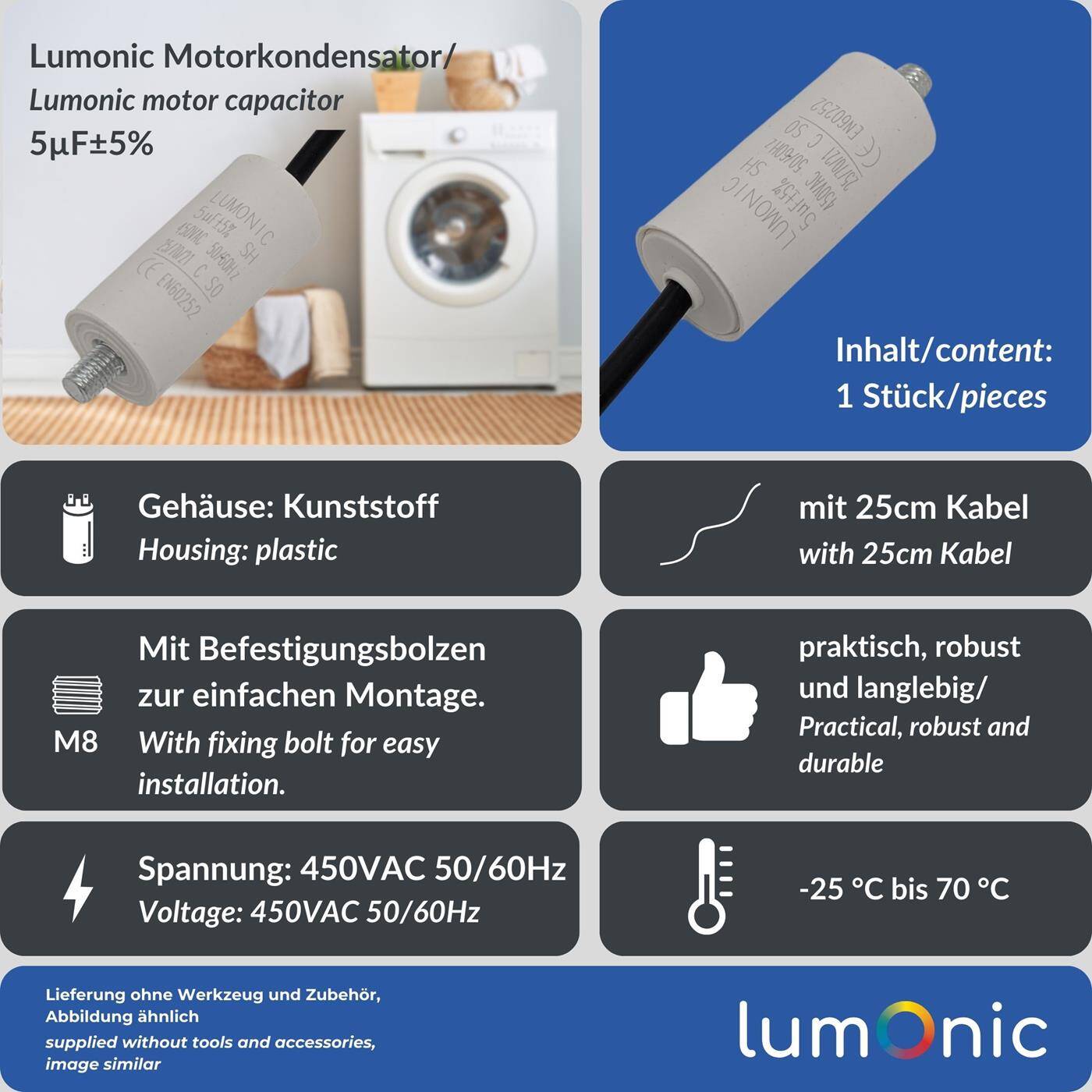 Lumonic Anlaufkondensator 5µF 450V | mit Kabel I 26x55mm I 5uF I Motorkondensator mit Kunststoffgehäuse I Betriebskondensator I für Pumpen, Rasenmäher, Werkzeuge