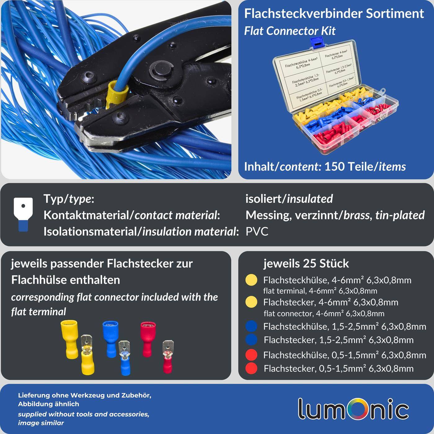 Lumonic 150-teiliges Flachsteckverbinder Set Flachstecker & passende Flachhülse für Kabel 0,5-6,0mm² 6,3x0,8mm KFZ, Hobby & Industrie