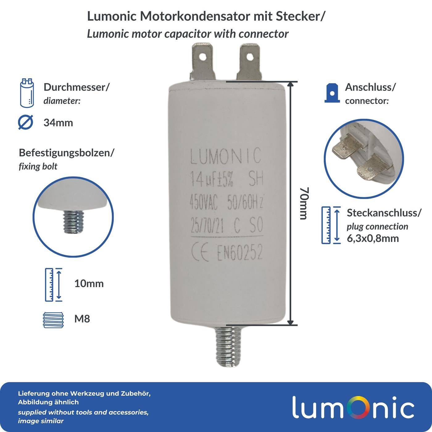 Lumonic Anlaufkondensator 14µF 450V | mit Stecker I 34x70mm I 14uF I Motorkondensator mit Kunststoffgehäuse I Betriebskondensator I für Pumpen, Rasenmäher, Werkzeuge