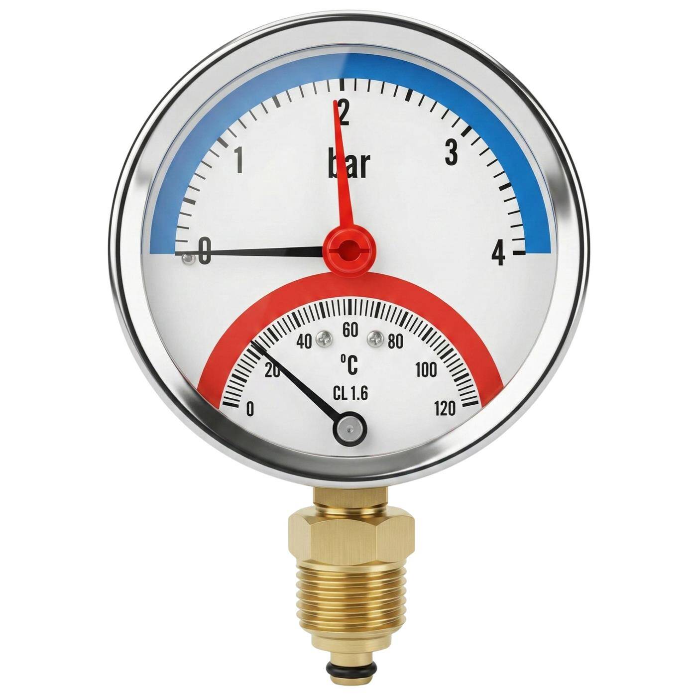 Lumonic Thermomanometer 4bar 0-120°C | 1/4 + 1/2 inch (adapter) | Bottom connection | Ø 80mm, large scale | Heating pressure gauge | Metal housing