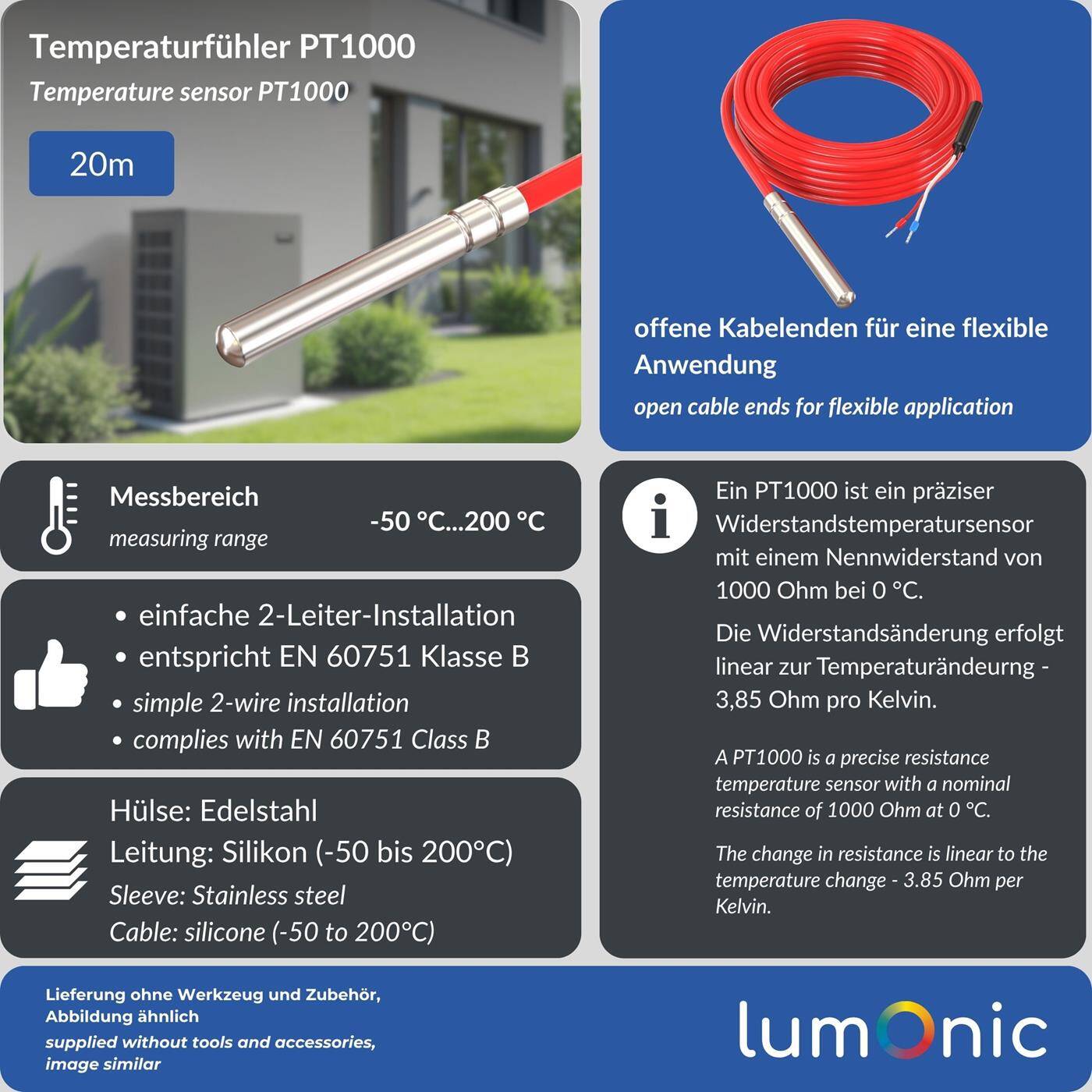 Lumonic Temperaturfühler PT1000 mit Silikonkabel 20m I -50...200°C I 6mm I 2-Leiter-Anschluss I IP65 I Temperatursensor Fühler I für Heizung, Wärmepumpe, Fotovoltaik, Automation