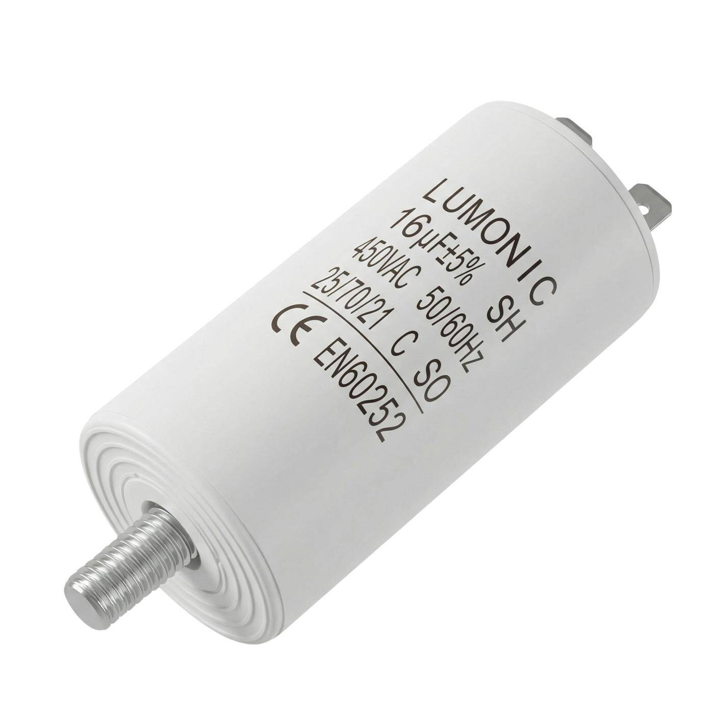 Lumonic Anlaufkondensator 16µF 450V | mit Stecker I 34x70mm I 16uF I Motorkondensator mit Kunststoffgehäuse I Betriebskondensator I für Pumpen, Rasenmäher, Werkzeuge