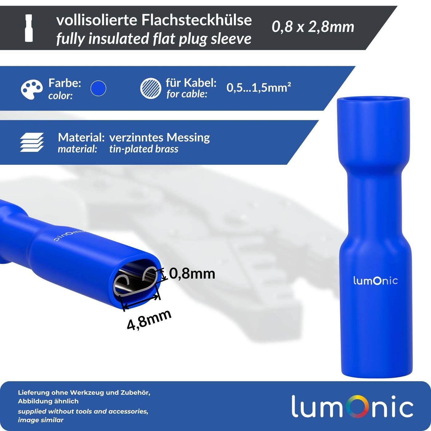 25x Flachsteckhülse vollisoliert 1,5-2,5mm² Steckmaß 0,8x2,8mm Blau für Flachstecker Messing verzinnt