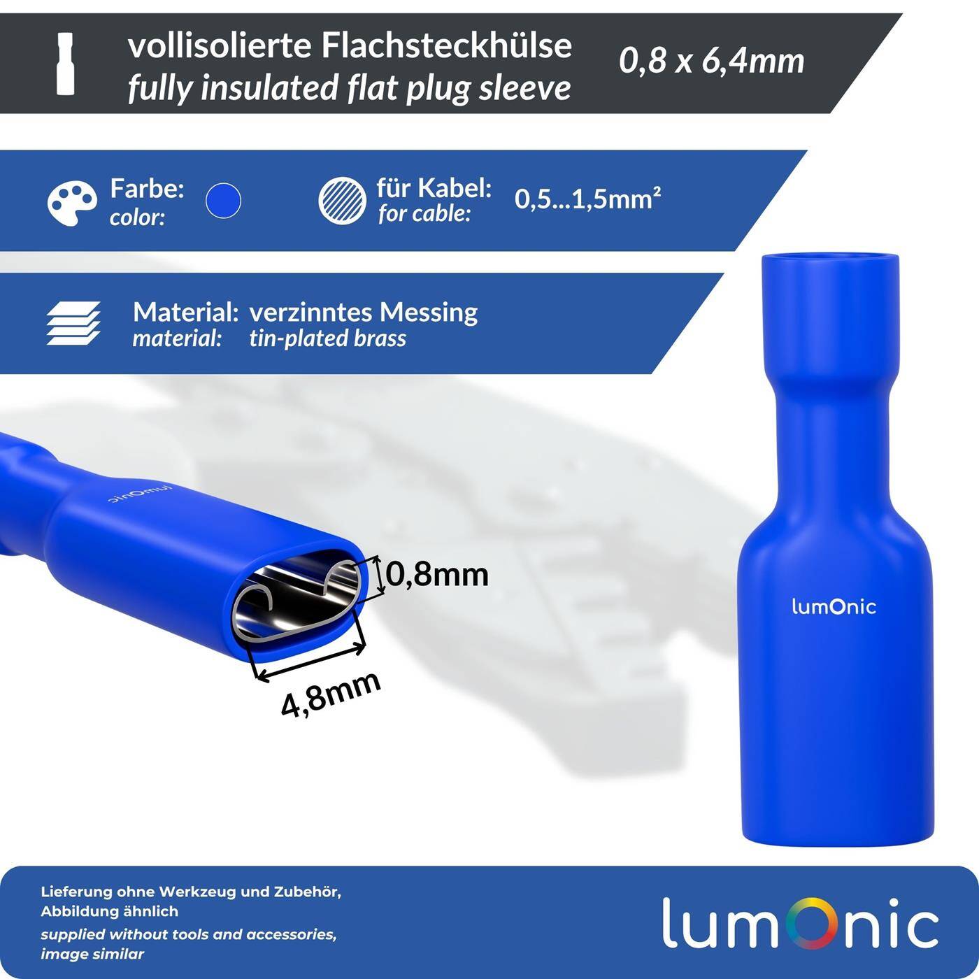 25x Flachsteckhülse vollisoliert 1,5-2,5mm² Steckmaß 0,8x6,4mm Blau für Flachstecker Messing verzinnt