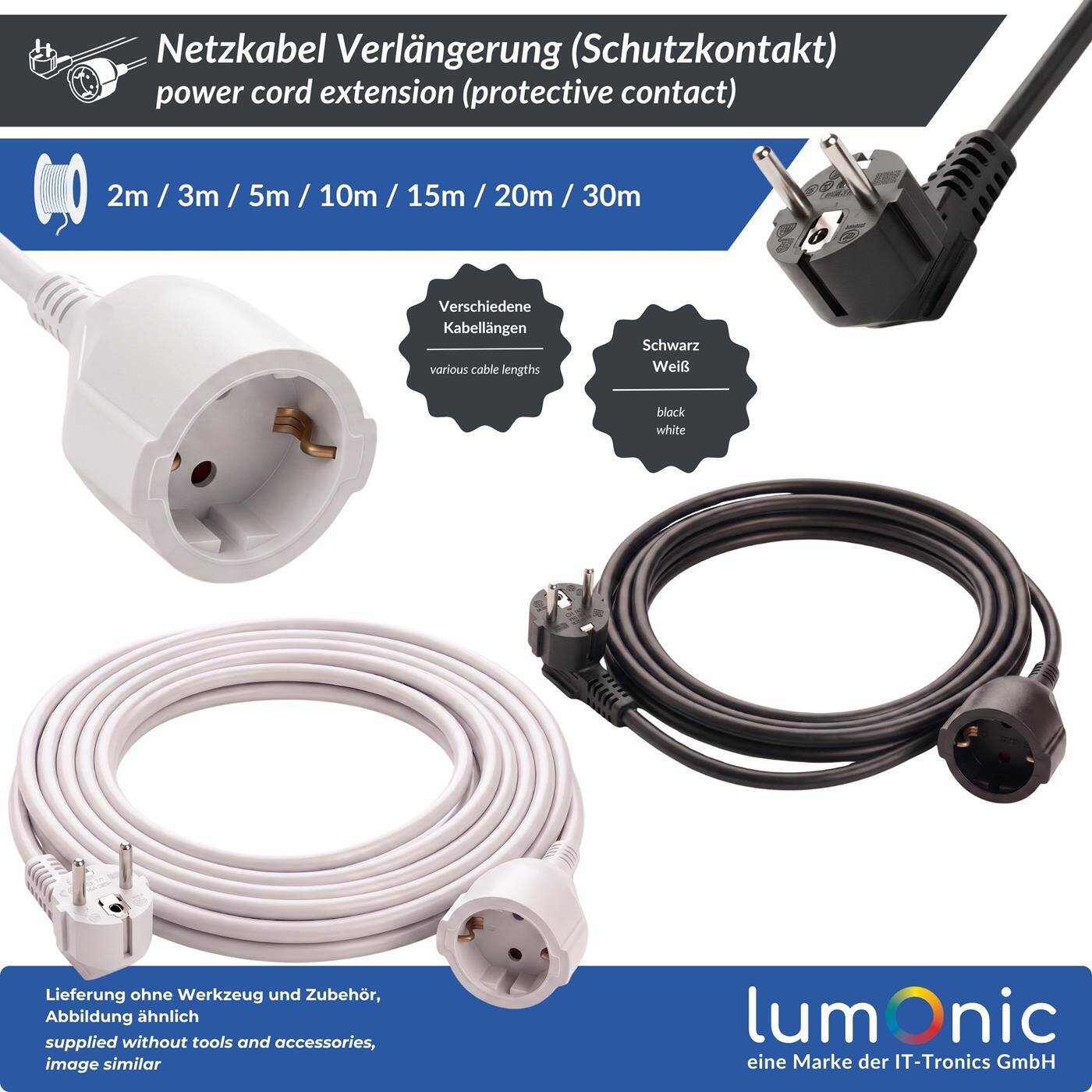 Lumonic Schuko Extension Cord, White, 5 m, 230 V - Child-safety feature in the outlet, for washing machines and dishwashers, kink protection on the plug
