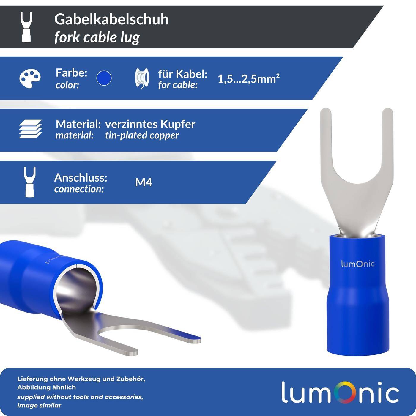 Lumonic 25x Forked cable lug 1,5-2,5mm² Partially insulated | M4 | Tinned copper | Secure cable connection without soldering | Set of 25 crimp cable lugs, crimp connectors | Motor vehicle, mechanical engineering, motorhome, battery