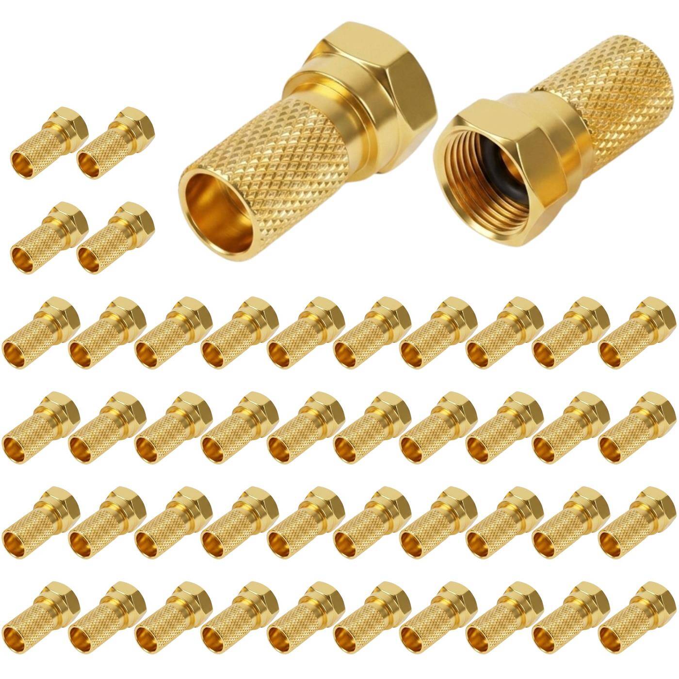 Lumonic 50 Stück F-Stecker 7mm schraubbar | vergoldet | Antennenstecker | Aufdrehstecker für Koaxialkabel, SAT Kabel, Antennenkabel, Kabelinternet