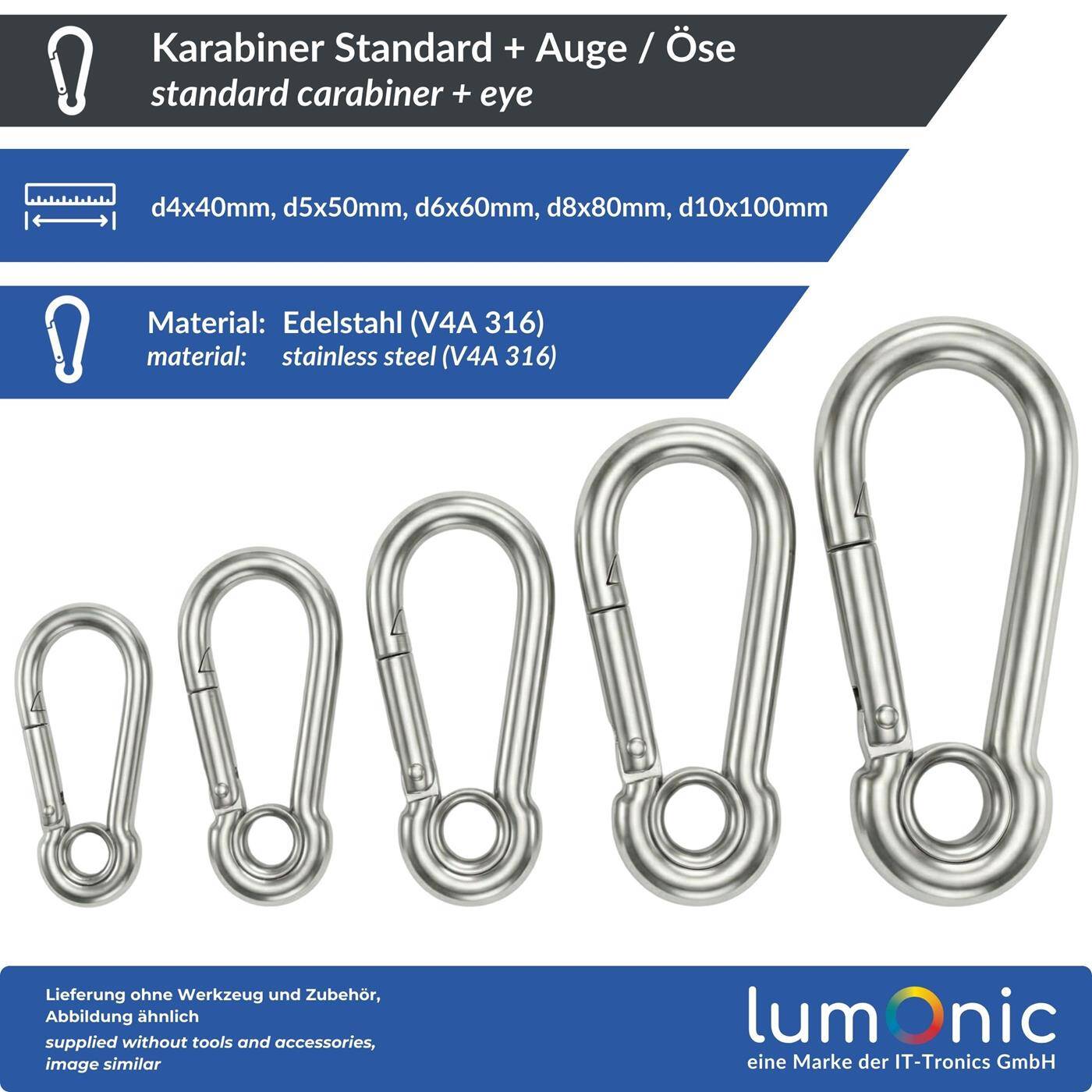 Lumonic Carabiner with eye V4A stainless steel | 10x100mm | Stainless + seawater resistant | Prevents annoying twisting | for awnings, hammocks, dogs, camping