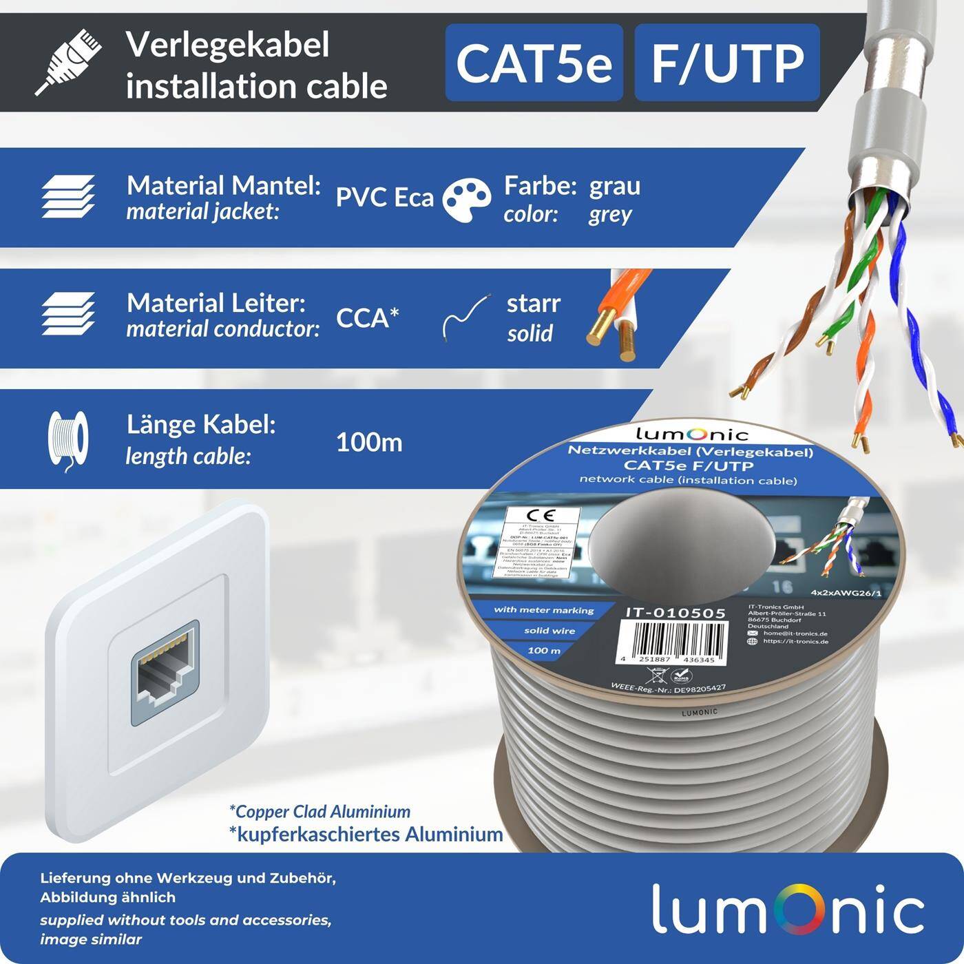Lumonic LAN Netzwerkkabel 100m | LAN Kabel CAT5e F/UTP | Verlegekabel 4x 2x AWG26/1 (starr) | 100MHz Gigabit Ethernet