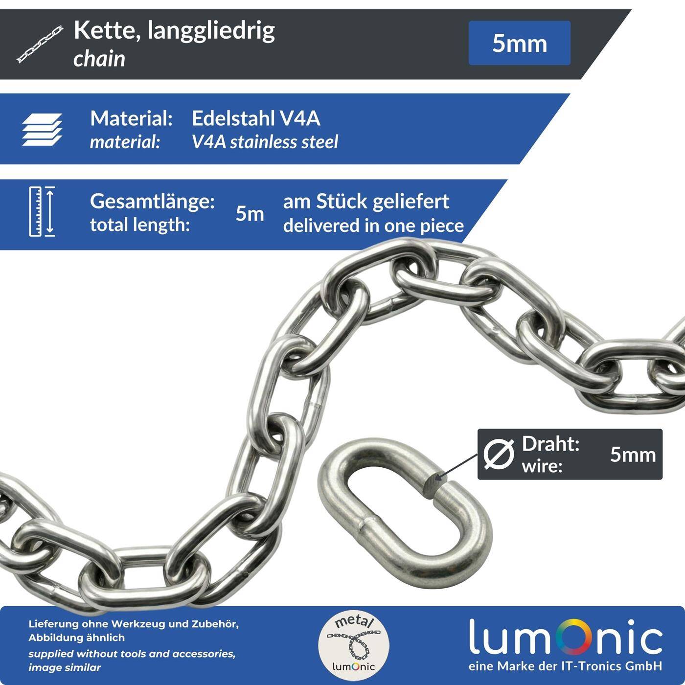 Lumonic 5m Chain V4A stainless steel | 5mm | Long-limbed | Stainless + seawater resistant | Rain chain, hanging basket, barrier chain