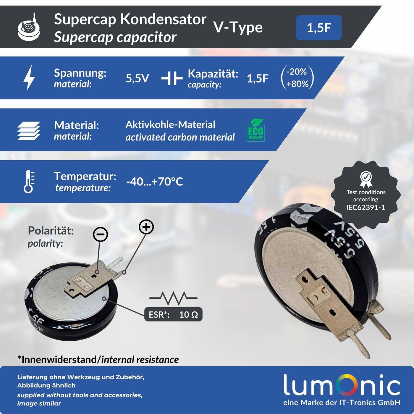 Supercap 1,5F 5,5V V-Type, EDLC for direct use, high capacity, 5.5V monoblock - no balancing necessary, flicker protection, backup, Arduino, PLC, heating