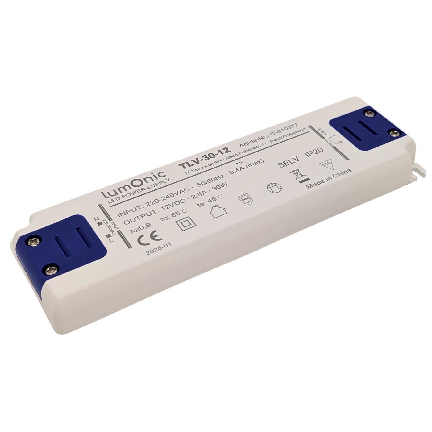 Lumonic I LED transformer TLV-30-12 I 12V 30W I Input 220-240VAC I flicker-free I Overload protection I LED power supply unit I for LED lighting