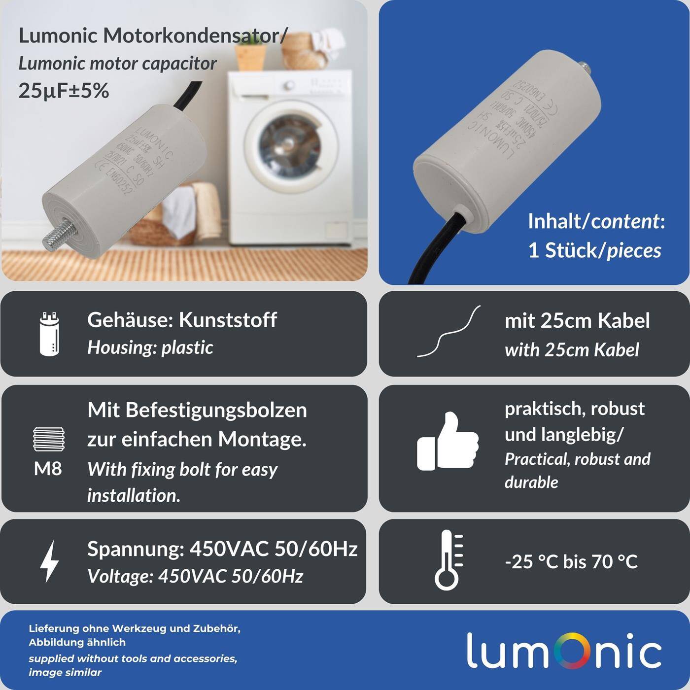 Lumonic Starting capacitor 25µF 450V | with Cable I 38x75mm I 25uF I Motor capacitor with plastic housing I Operating capacitor I for pumps, lawn mowers, tools