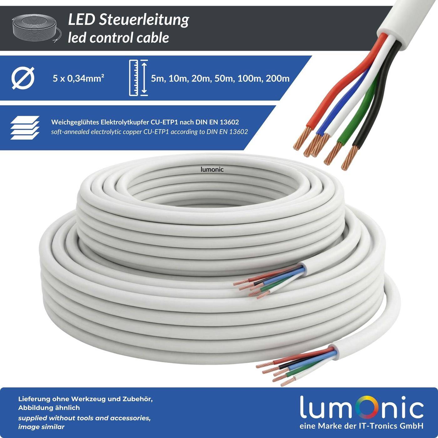 Lumonic 5x0,34mm² RGB LED Control line black 1m | sheathed 4-core flexible cable | LiYY Extension, Power cable, LED supply line, Control cable