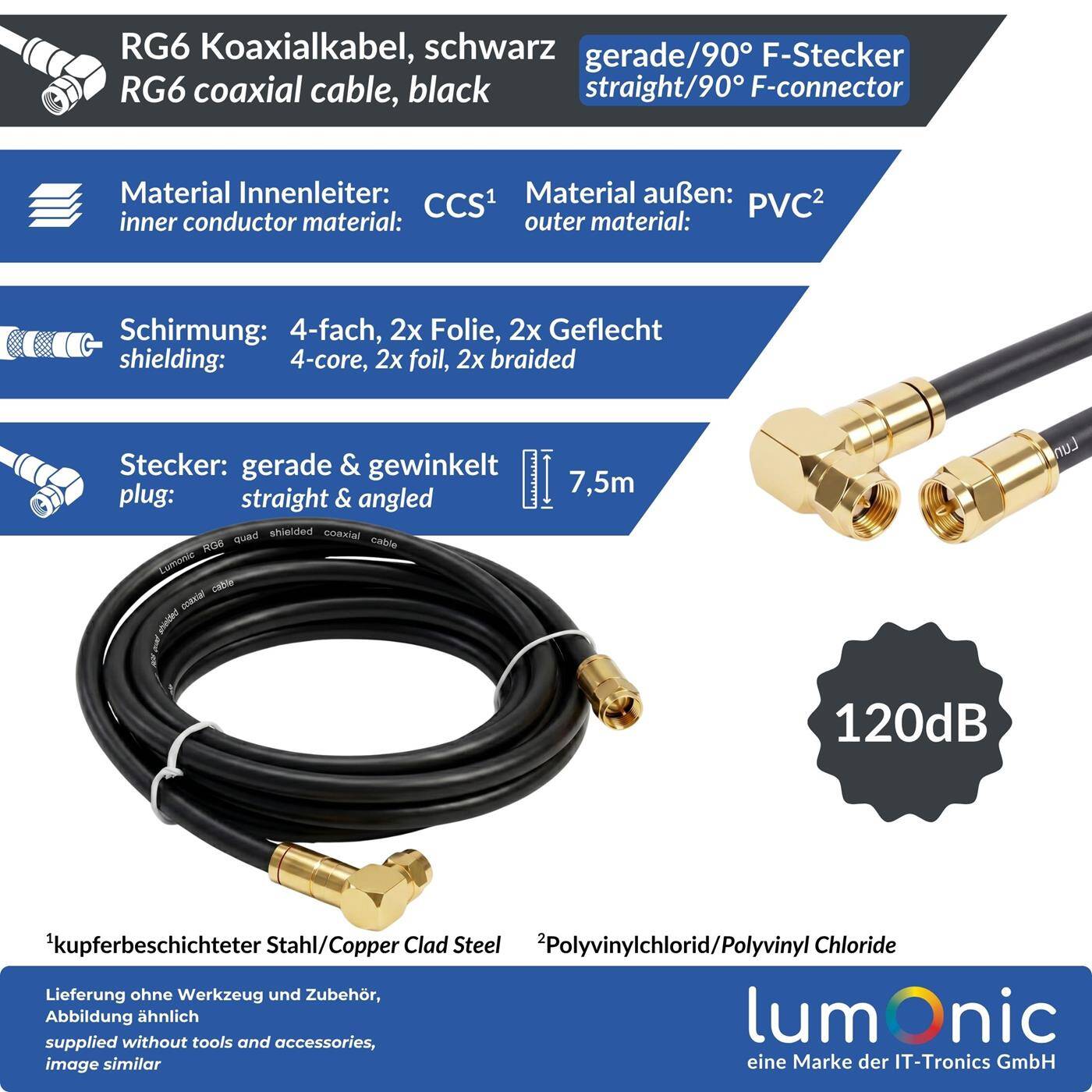 Lumonic 7,5m Antennenkabel RG6 | vergoldete F-Stecker gerade & 90° gewinkelt | schwarz | 4-fach geschirmt 120dB | fertig konfektioniert | Koaxialkabel, Sat Kabel, DVB-T2, Kabelinternet