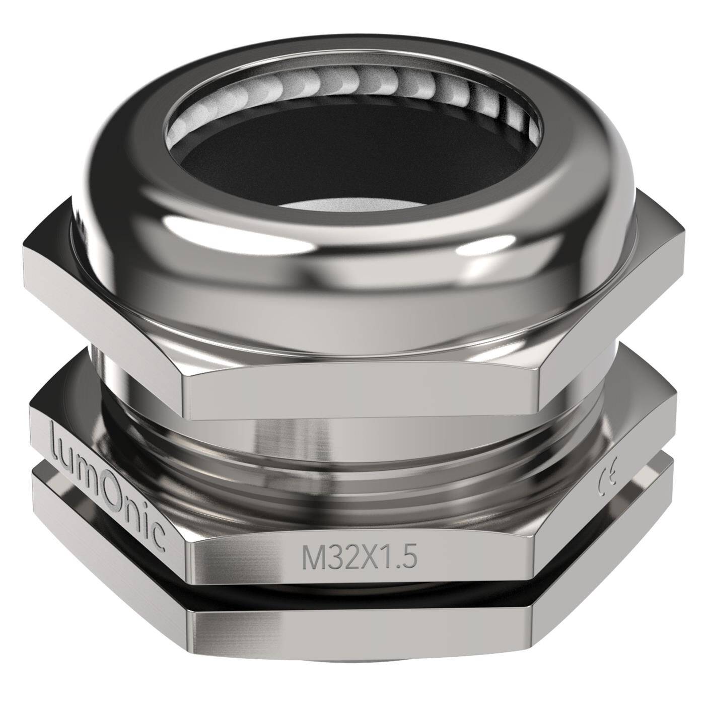 Metal cable gland M32, Clamping range 15-22mm, IP68, with locknut, Nickel-plated brass, EMC, -40...+100°C, corresponds to PG21