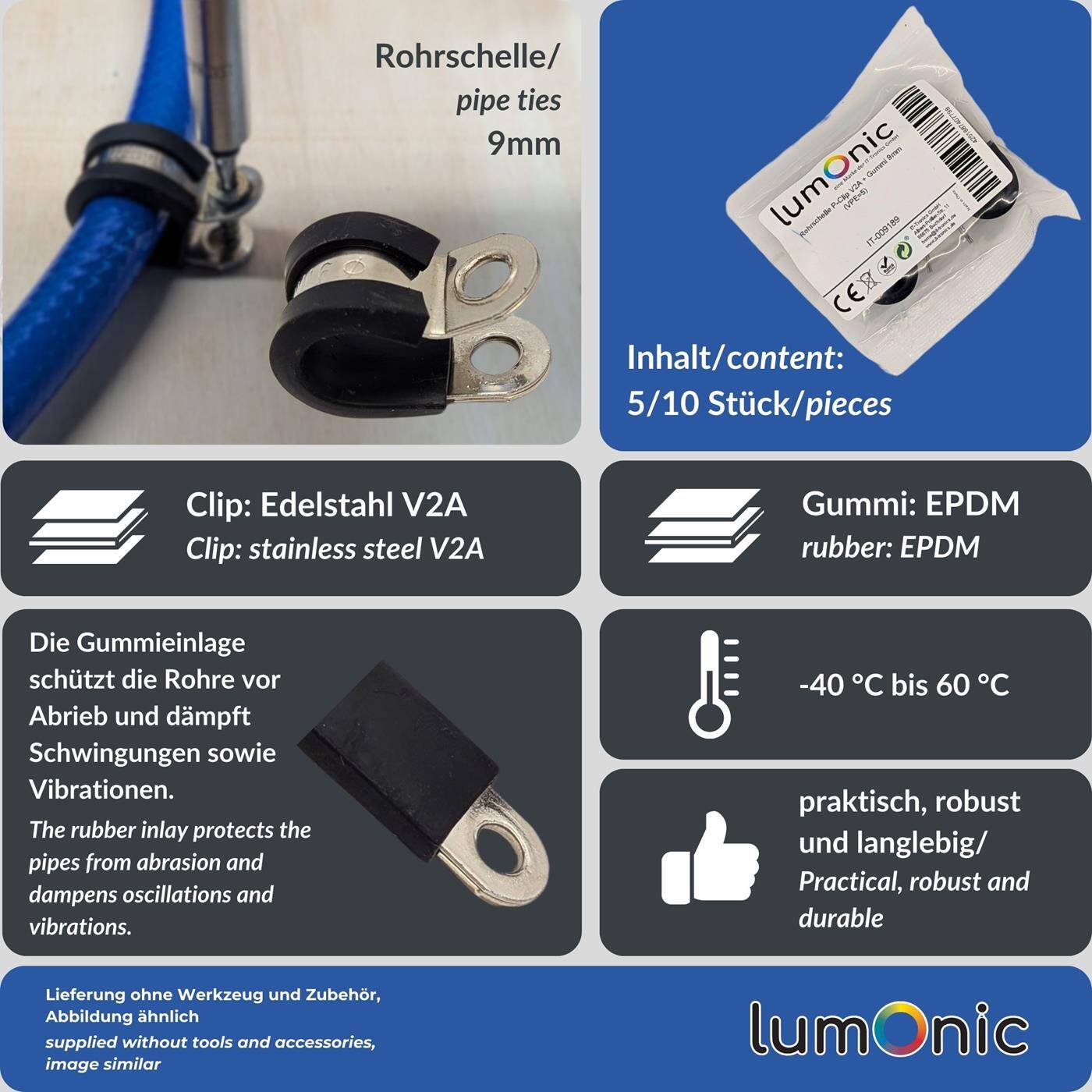 Lumonic 5x 9mm Rohrschellen mit Gummieinlage Edelstahl V2A I Kabelschellen zum Schrauben I Schlauchschelle 9mm, Rohrschellen, Befestigungsschelle 9mm, Rohrhalterung