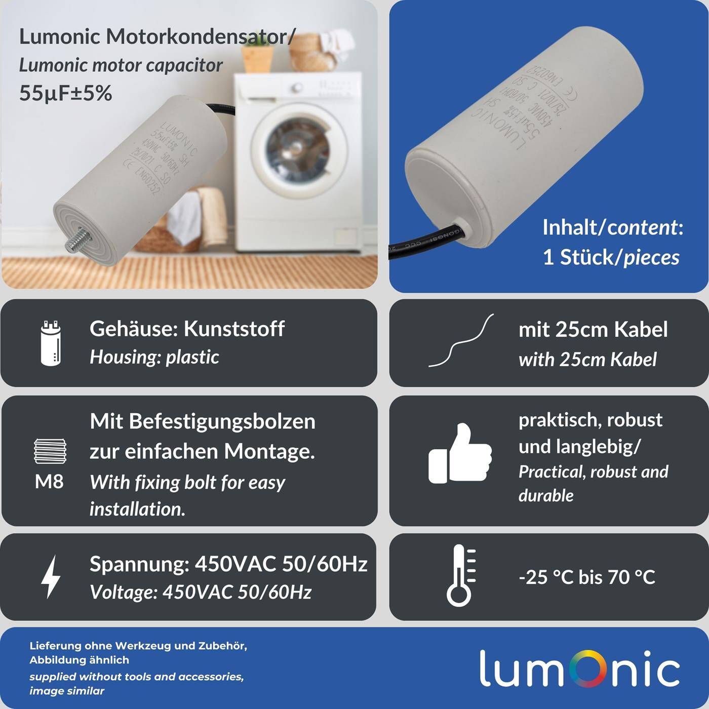 Lumonic Anlaufkondensator 55µF 450V | mit Kabel I 45x100mm I 55uF I Motorkondensator mit Kunststoffgehäuse I Betriebskondensator I für Pumpen, Rasenmäher, Werkzeuge