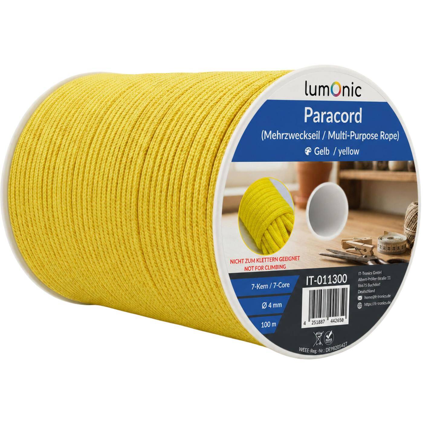 Lumonic 100m Paracord 4mm Fluorescent yellow | 100% nylon | 7 cores, 32 strand sheath | Max. 125 kg load capacity | dog leash, bracelet, outdoor, bushcraft, tent cord