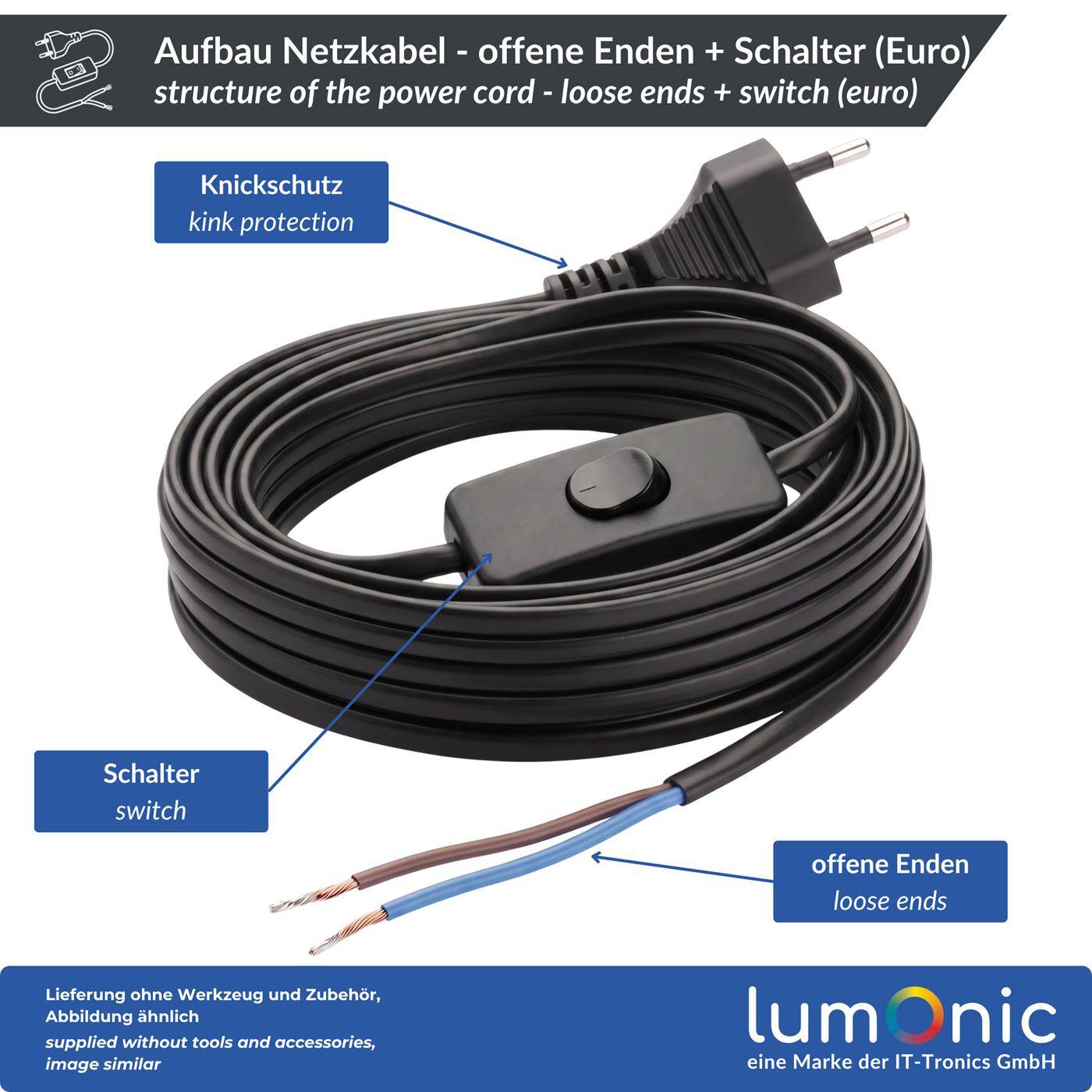 Lumonic Euro-Netzkabel mit Schalter und Offenen Enden, Weiß 2 m, 230 V - Schalter direkt am Kabel, macht Lampen und Deko bequem schaltbar, verzinnte offene Enden, Knickschutz am Eurostecker
