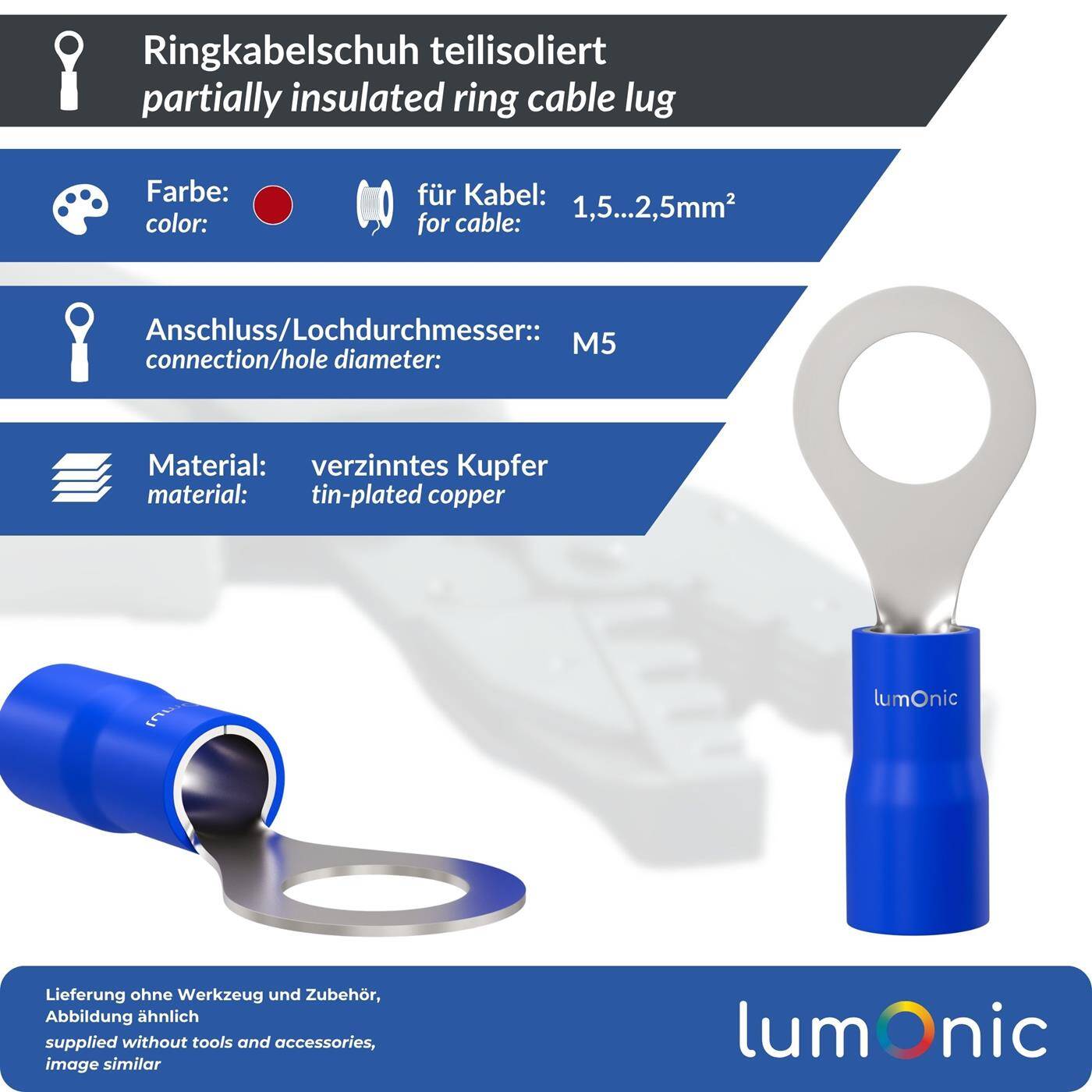 Lumonic 25x Ring cable lug 1,5-2,5mm² Partially insulated | M5 | Tinned copper | Secure cable connection without soldering | Set, crimp cable lug, crimp connector, eyelet | Motor vehicle, mechanical engineering, motorhome, battery