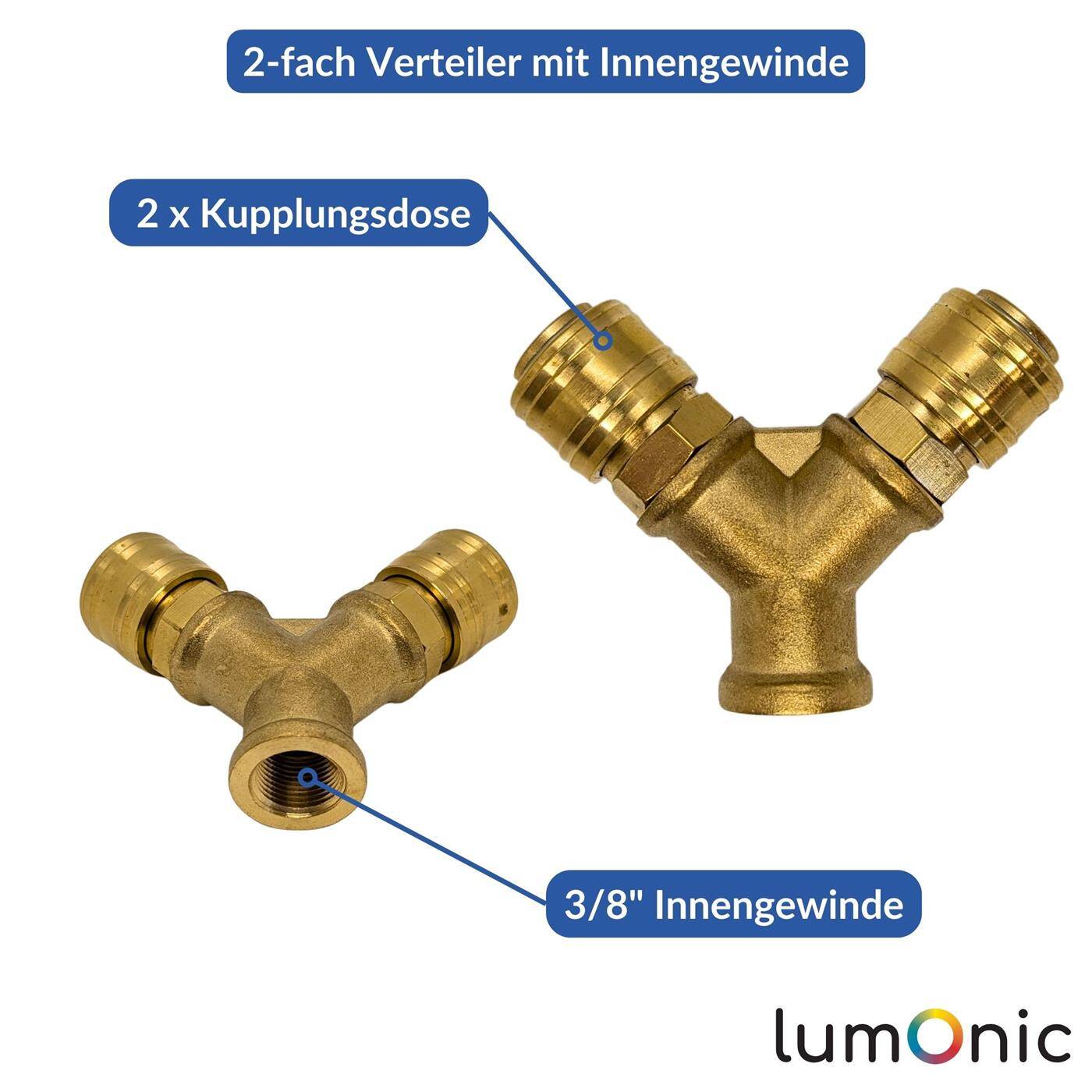 Lumonic I Compressed air distributor 2-fold I with internal thread 3/8" I made of brass I Compressed air distributor I Compressed air diverter I Quick coupling I Multiple distributor I for workshops, businesses and DIY enthusiasts