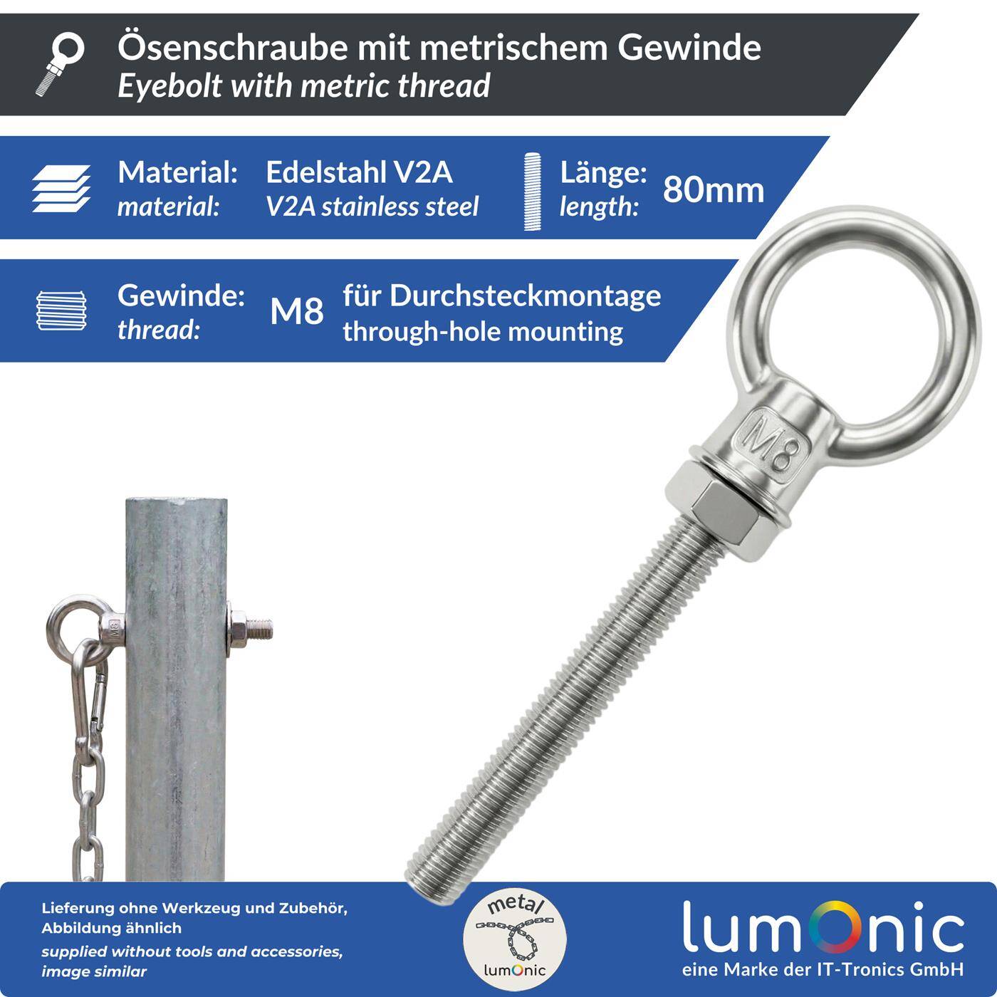 Lumonic Eye bolt V2A stainless steel incl. nut + washer | M8x80mm |  | Push-through mounting | Eyebolt for awning, hammock, swing + chains