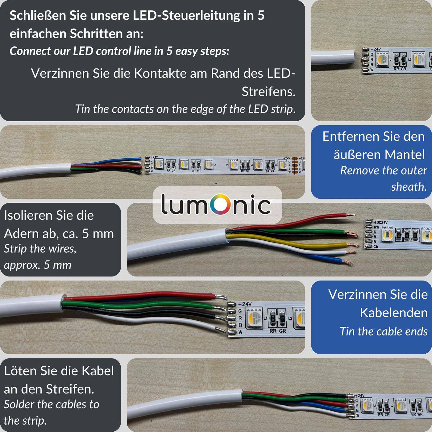 1m RGBW LED Steuerleitung 5x 0,34mm² LiYY Verlängerung 5 adrig Stromkabel Schwarz UV beständig