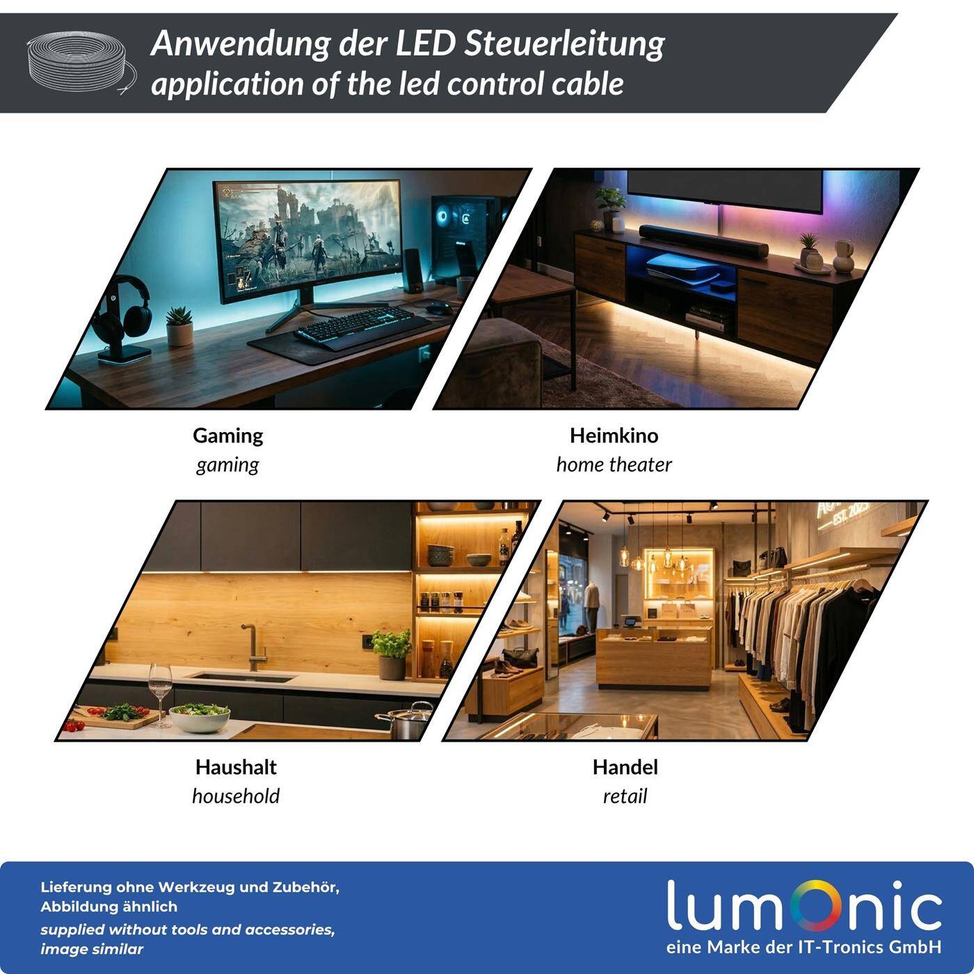 Lumonic 5x0,34mm² RGB LED Control line black 1m | sheathed 4-core flexible cable | LiYY Extension, Power cable, LED supply line, Control cable