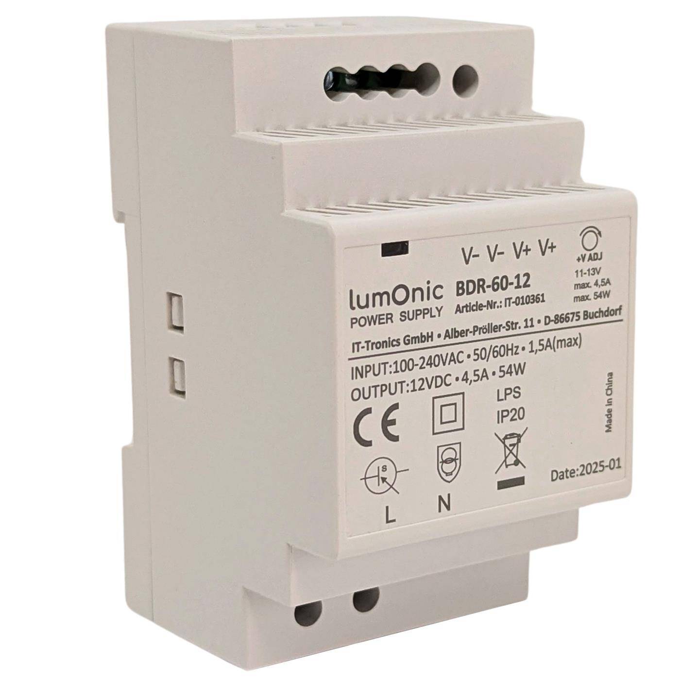 Lumonic I Top-hat rail power supply unit BDR-60-12 I 12V / 54W I Input 100-240VAC I Overload protection I DIN-Rail switching power supply I Switch cabinet