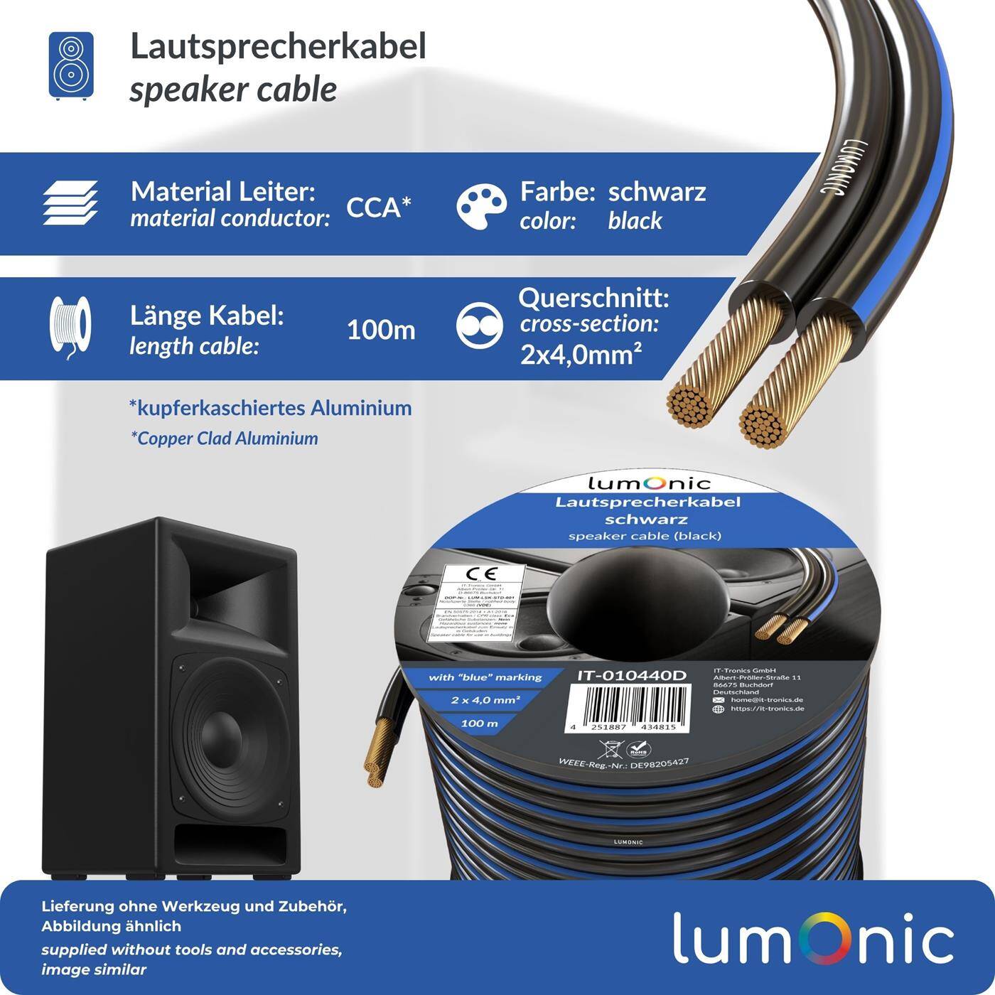 100m Lautsprecherkabel 2x 4mm² Schwarz CCA HiFi Boxenkabel Audio Zwillingsleitung