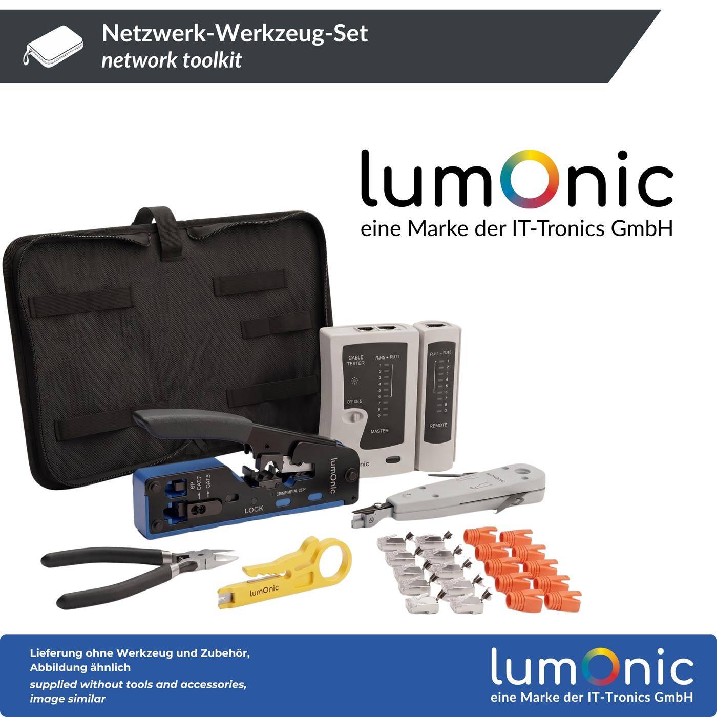 Lumonic Netzwerk-Werkzeug-Set mit Crimpzange und Netzwerktester - Pass-Through-Crimpzange und -Stecker, LSA-Auflegewerkzeug für Krone und 110, Netzwerktester RJ45/RJ11, Abisolierwerkzeug