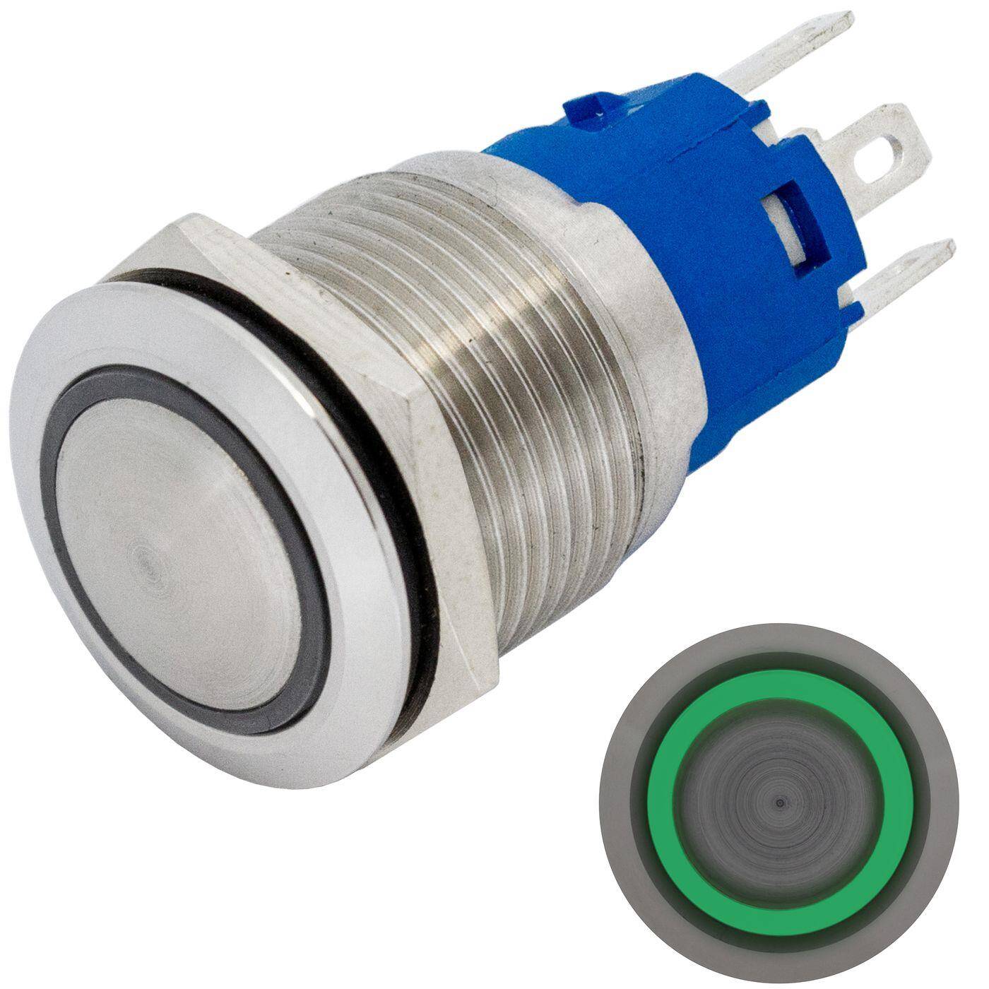 Stainless steel Pressure switch domed Ø19mm Ring LED Green IP65 2,8x0,5mm Pins 250V 3A Vandal-proof