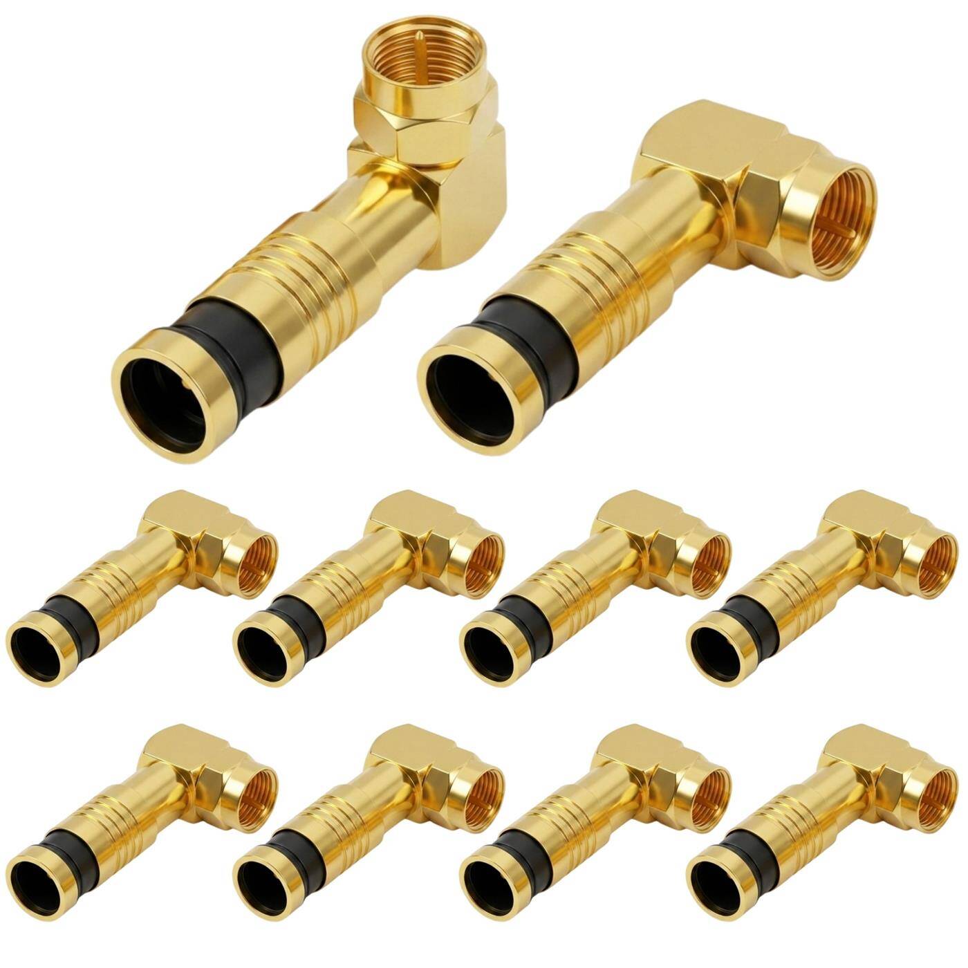 Lumonic 10 Stück 90° F-Kompressionsstecker 7mm | vergoldet, gewinkelt | F-Stecker für Kompressionstechnik | Pressstecker für Koaxialkabel, SAT Kabel, Antennenkabel, Kabelinternet