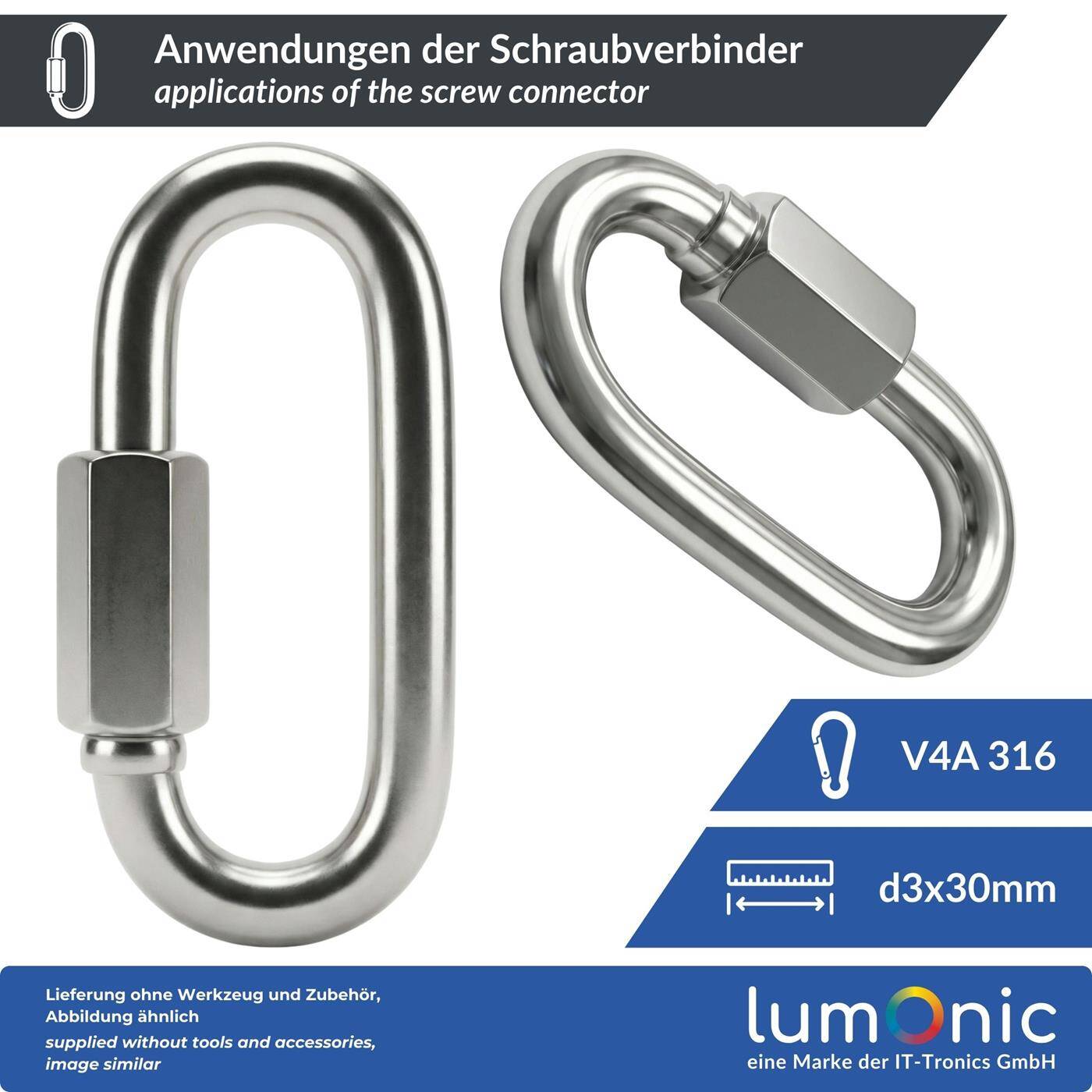 Lumonic Screw connector V4A stainless steel 3mm | d3x30mm | Stainless + seawater resistant | Hexagonal lock | Chain emergency link | Awning, garden