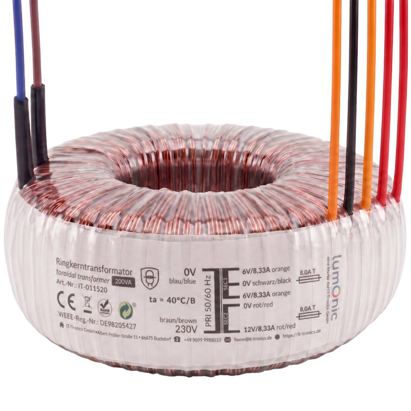 Lumonic Toroidal Transformer, 200 VA, 2x 6 V + 12 V, 230 V - Toroidal transformer, 230 V primary, 2x 6 V + 12 V simultaneously, for amplifier construction, power supplies, lighting