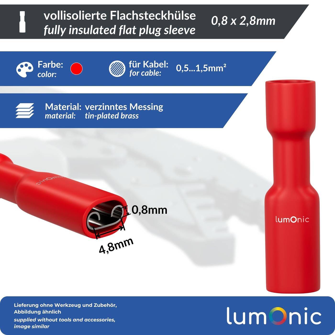 25x Flat receptacle fully insulated 0,5-1,5mm² Plug-in dimension 0,8x2,8mm Red for flat plug Brass tinned 25x Flat receptacle fully insulated 0,5-1,5mm² Plug-in dimension 0,8x2,8mm Red for flat plug Brass tinned