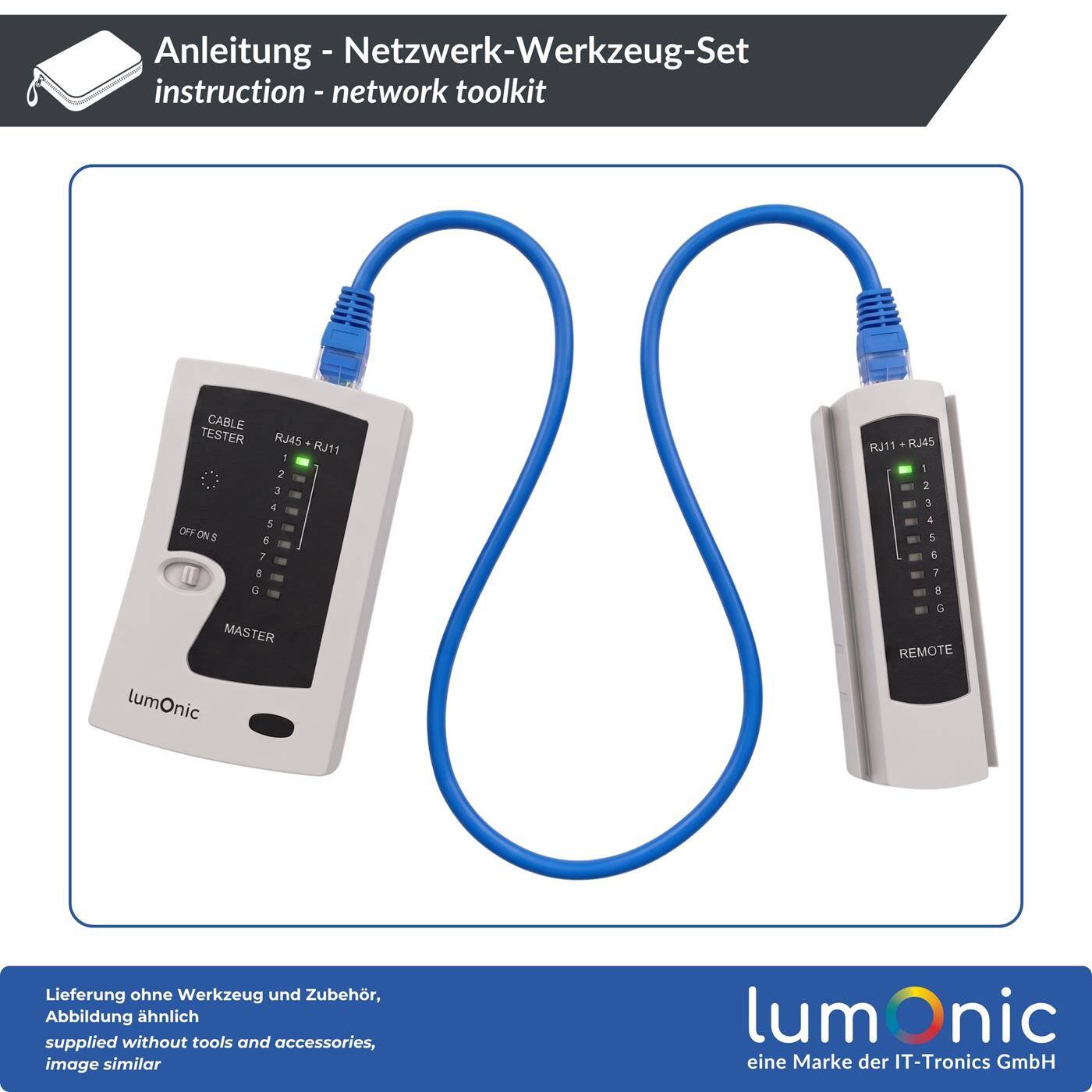 Lumonic Netzwerk-Werkzeug-Set mit Crimpzange und Netzwerktester - Pass-Through-Crimpzange und -Stecker, LSA-Auflegewerkzeug für Krone und 110, Netzwerktester RJ45/RJ11, Abisolierwerkzeug