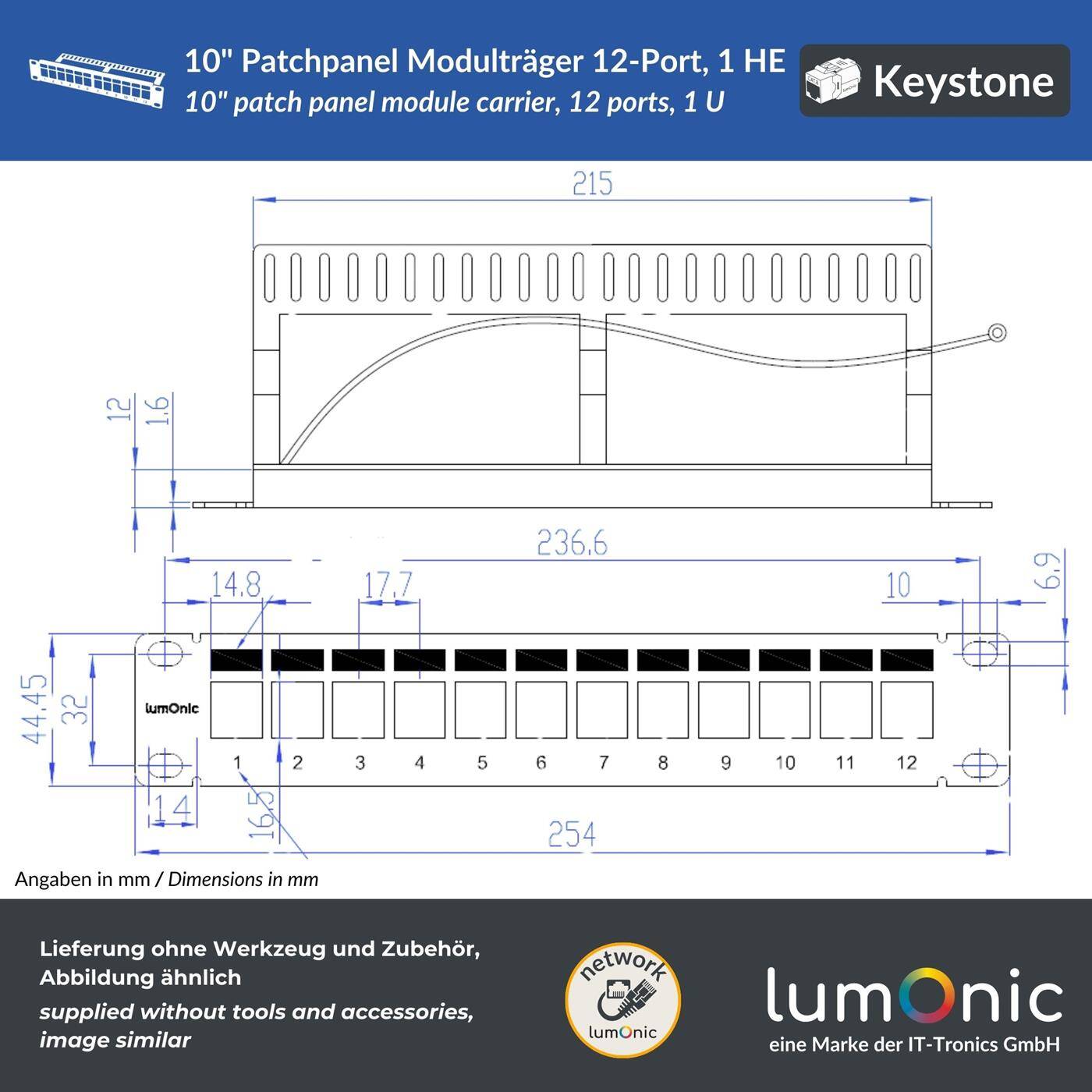 Lumonic 10" Patch panel Keystone module carrier | 12 Port, 1U with labeling field | Flexibly expandable | Rack mounting | Black patch panel with earthing cable | compatible with CAT6/6a/7 keystones