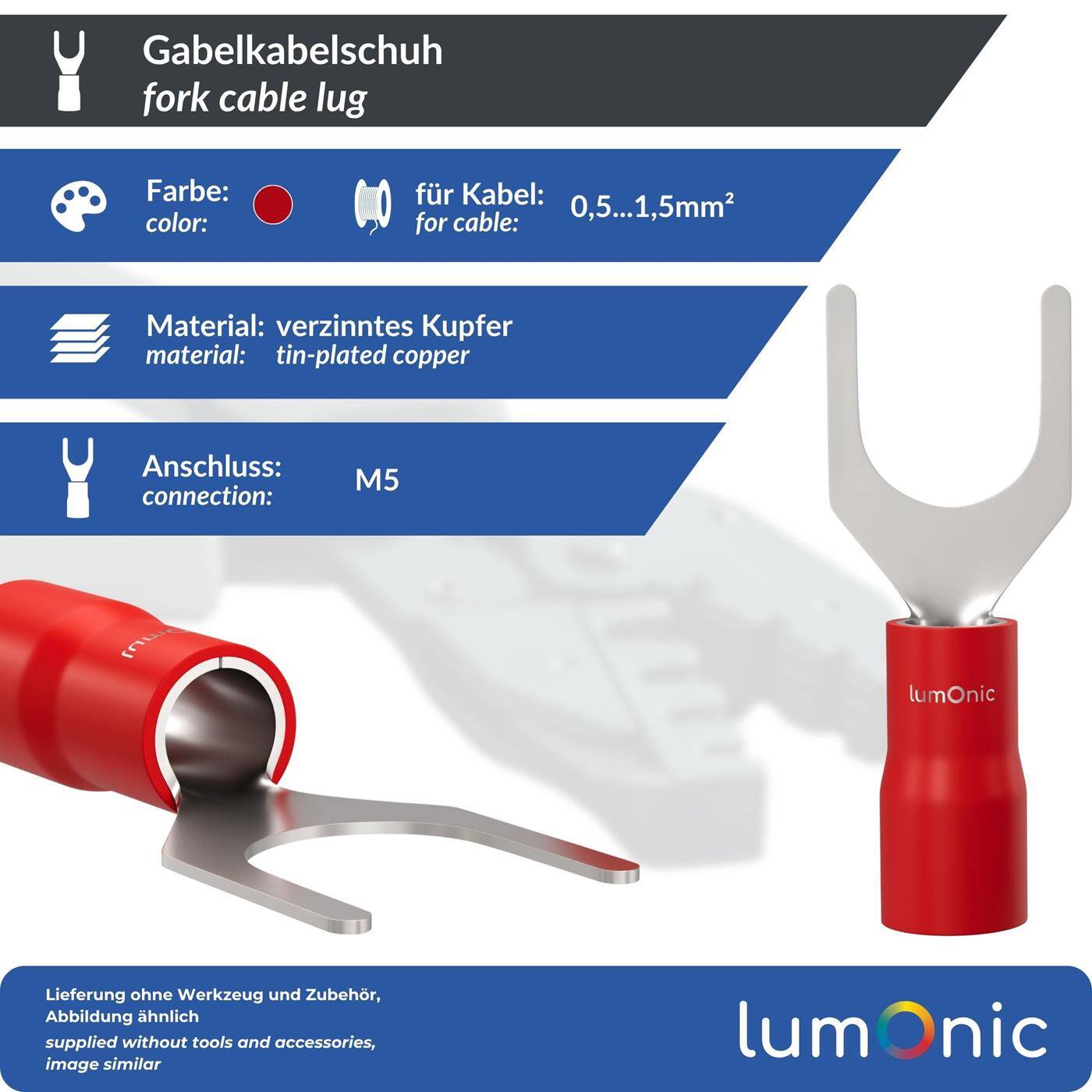Lumonic 25x Gabelkabelschuh 0,5-1,5mm² teilisoliert | M5 | Kupfer verzinnt | sichere Kabelverbindung ohne Löten | Set mit 25 Stück Crimp-Kabelschuh, Quetschverbinder | KFZ, Maschinenbau, Wohnmobil, Batterie