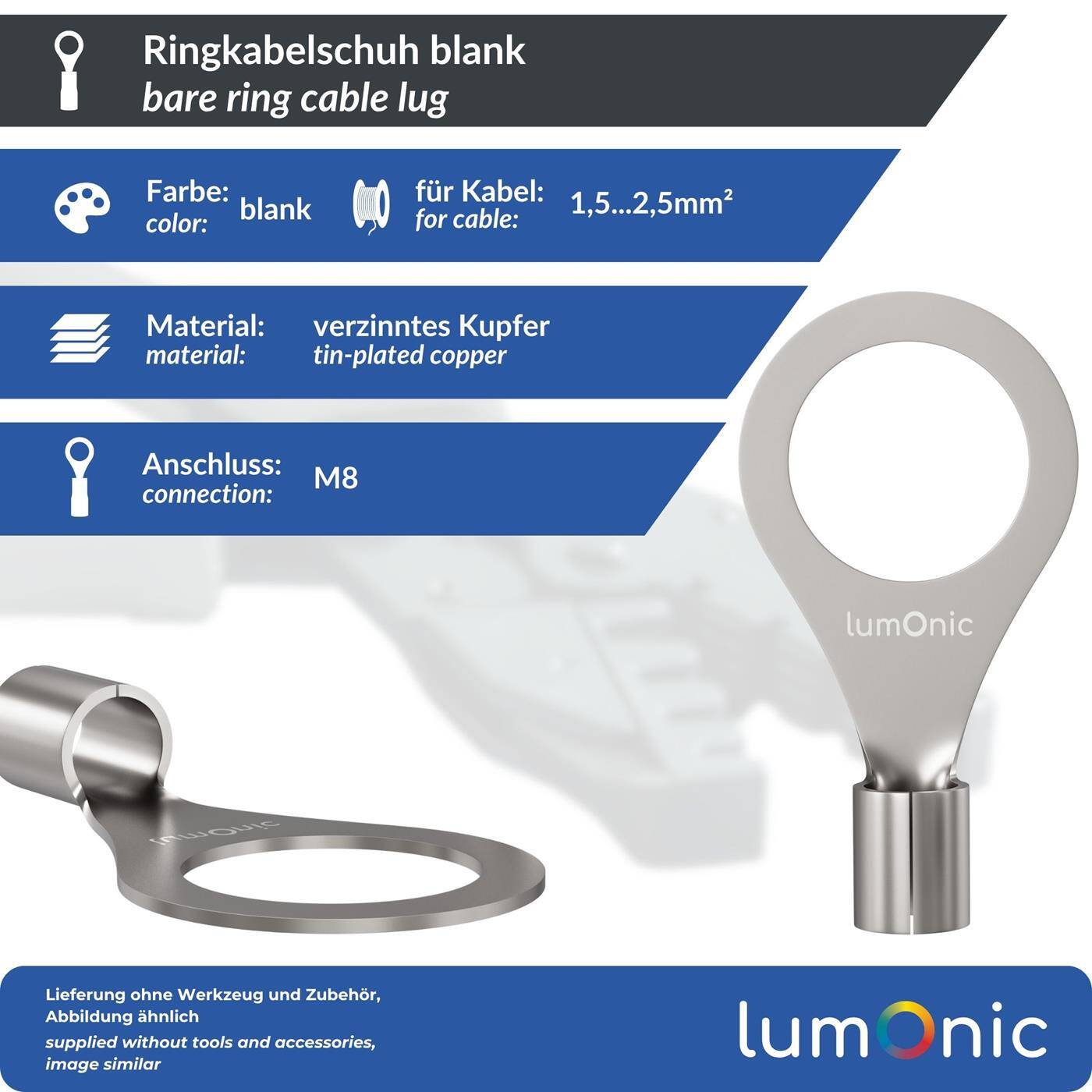 Lumonic 25x Ring cable lug 1,5-2,5mm² blank | M8 | Tinned copper | Secure cable connection without soldering | Crimp cable lug uninsulated | Motor vehicle, mechanical engineering, motorhome, battery