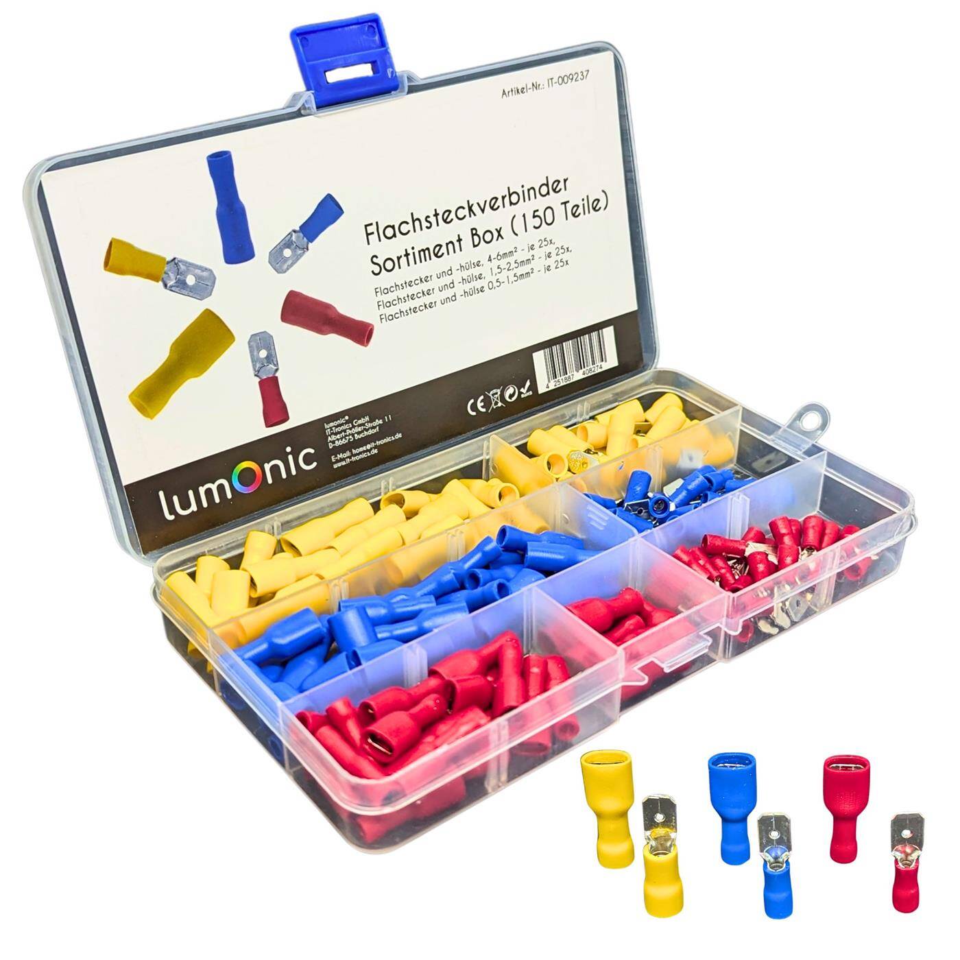 Lumonic 150-teiliges Flachsteckverbinder Set Flachstecker & passende Flachhülse für Kabel 0,5-6,0mm² 6,3x0,8mm KFZ, Hobby & Industrie