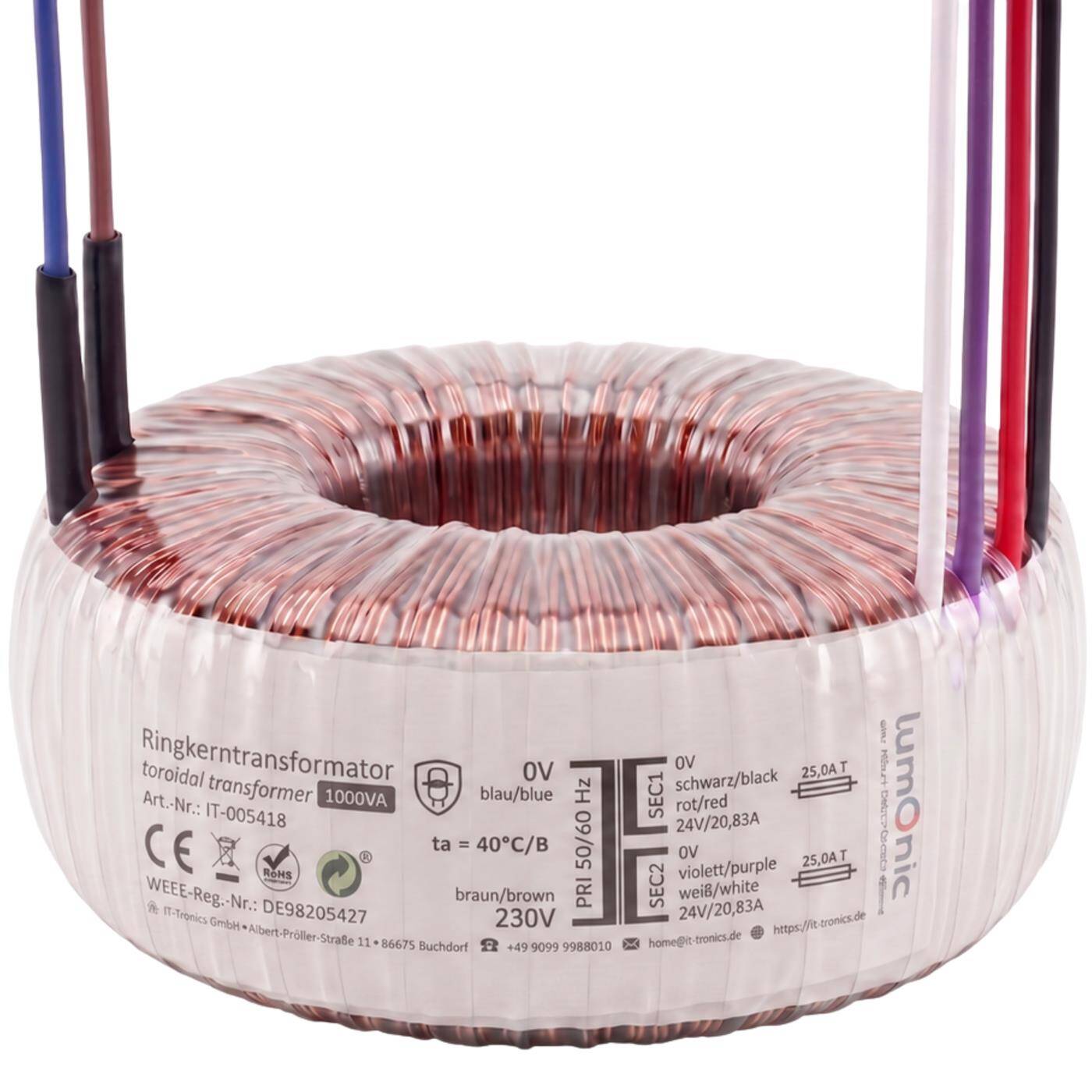 Lumonic Ringkerntrafo Transformator 1000VA | Primär 230V AC | Sekundär 2x 24V AC oder 1x 48V AC | Brummarm | Transformator für HiFi Audio Verstärker