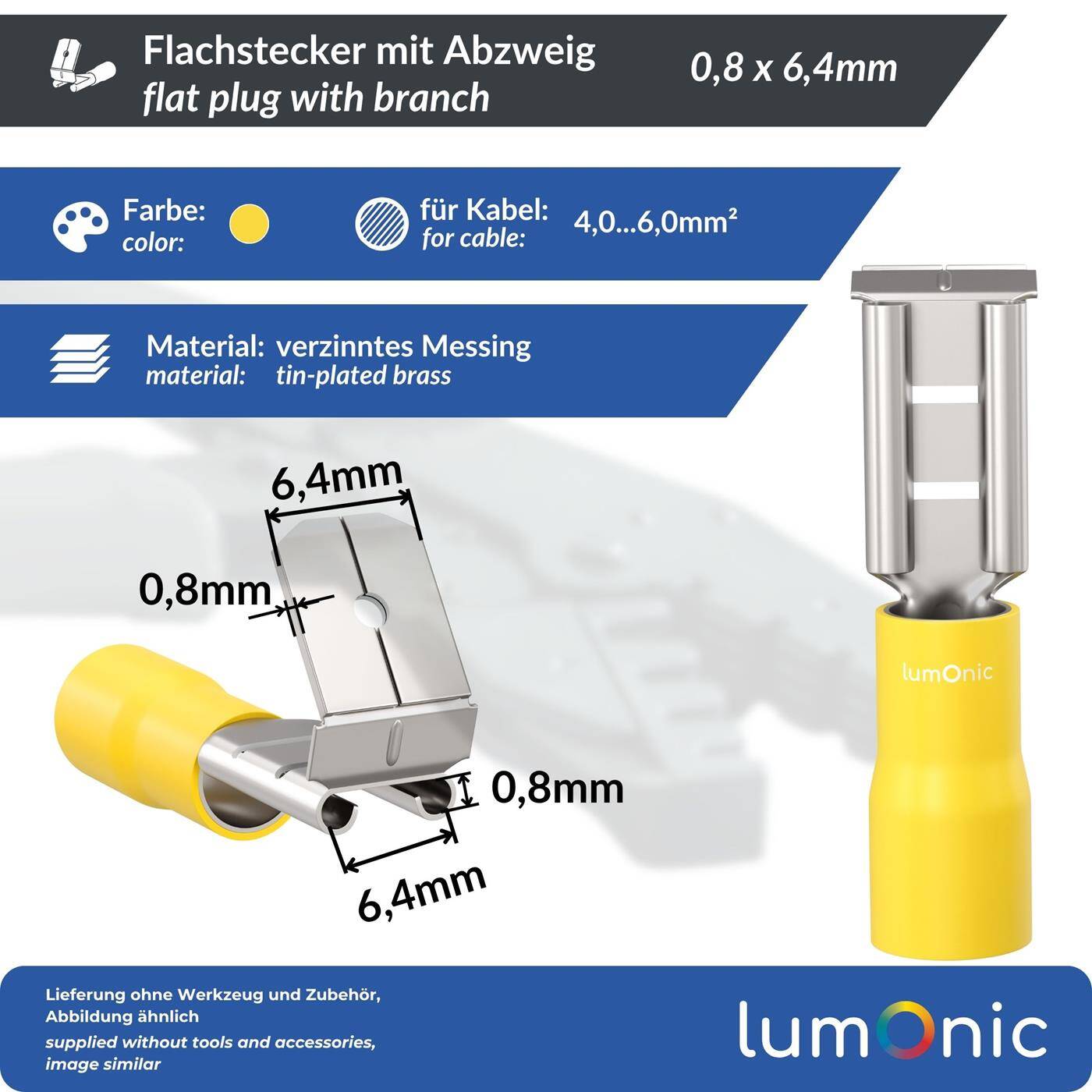 25x Flat receptacle with branch partially insulated 4-6mm² Plug-in dimension 0,8x6,4mm Yellow for flat plug Brass tinned 25x Flat receptacle with branch partially insulated 4-6mm² Plug-in dimension 0,8x6,4mm Yellow for flat plug Brass tinned