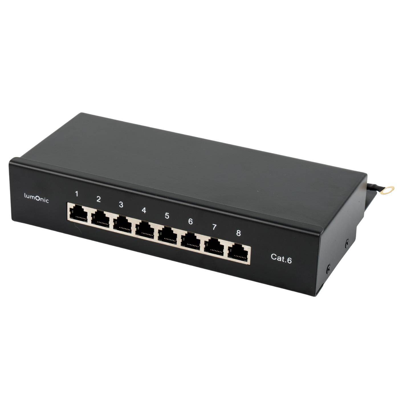 Lumonic 10" Patchpanel Desktop CAT6 | 8 Port, 1HE mit Beschriftungsfeld | LSA-Montage, T568A/B farbcodiert | freistehend, Wandmontage | geschirmtes schwarzes Patchfeld | 1 Gbit/s + PoE