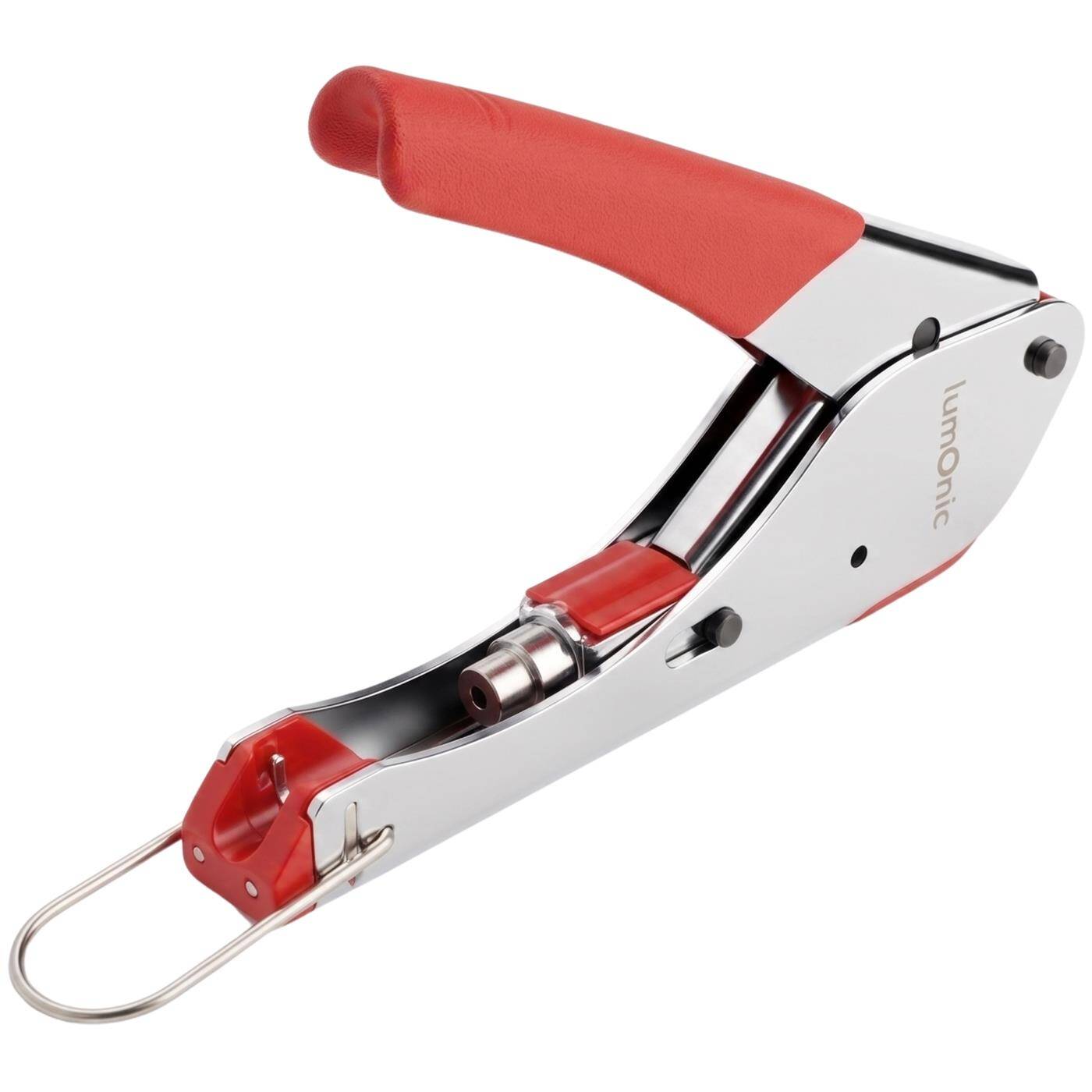 Lumonic Compression pliers for F connectors, RG59, and RG6, one-handed use—locking lever, for RG59 and RG6, axial compression, metal, coaxial connectors for satellite systems and antenna jacks