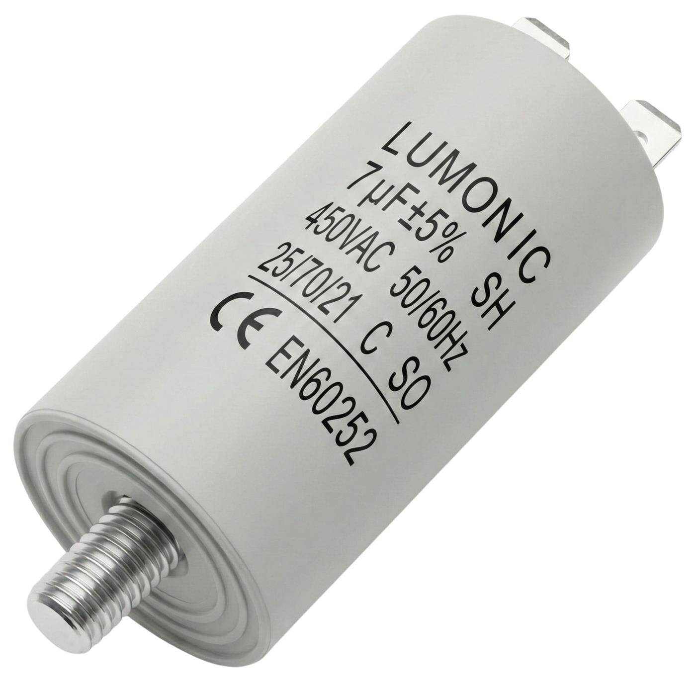 Lumonic Anlaufkondensator 7µF 450V | mit Stecker I 30x60mm I 7uF I Motorkondensator mit Kunststoffgehäuse I Betriebskondensator I für Pumpen, Rasenmäher, Werkzeuge