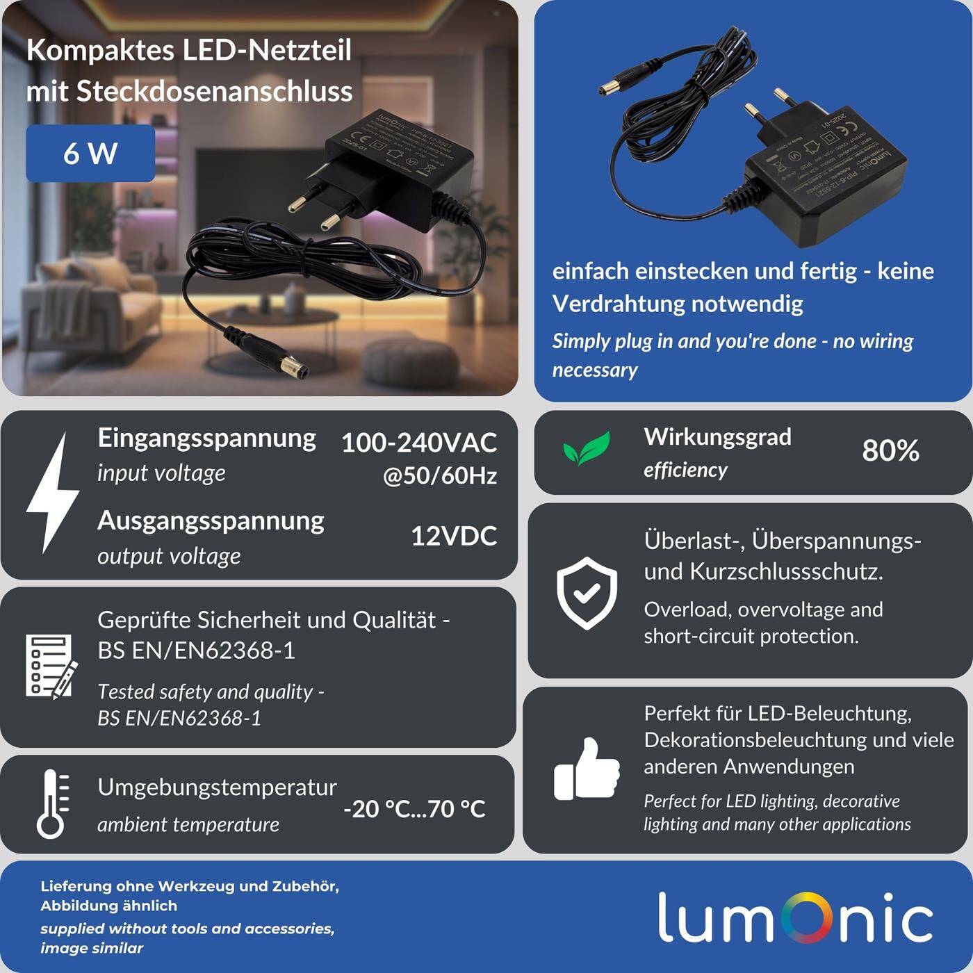 Lumonic I LED plug-in power supply PIP-6-12 I 12V 6W I Input 100-240VAC I Extra long cable with hollow plug 5,5/2,1 I Overload protection I universeller EU-Netzadapter I for LED strips