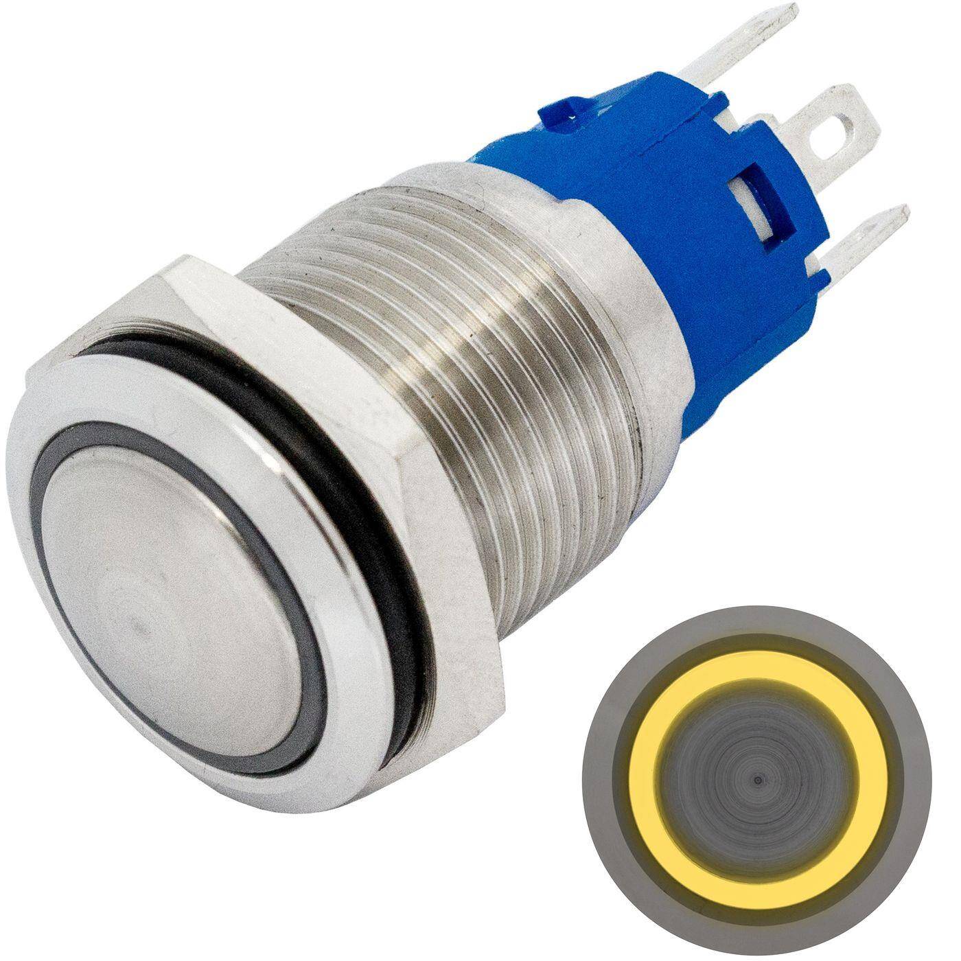 Lumonic Edelstahl Drucktaster gewölbt 16mm Durchmesser I Mit einer Ring LED in Gelb Maße: 2,8x0,5mm Pin s 250V 3A I Vandalismussicher nach dem IP65 Standard