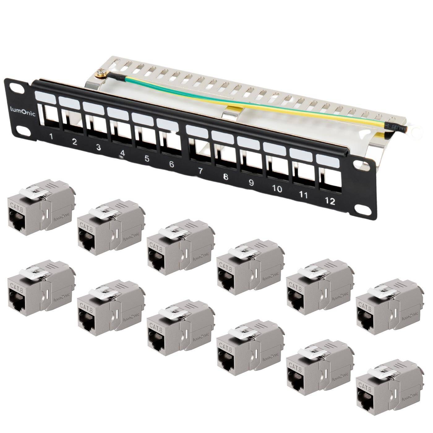 10" Patch panel CAT8.1 Keystone set, 12 Port, 1U with labeling field, incl. 12x CAT8.1 modules tool-free, 40 Gbit/s, Rack mounting, Black patch panel, Cable management, 40 Gbit/s + PoE